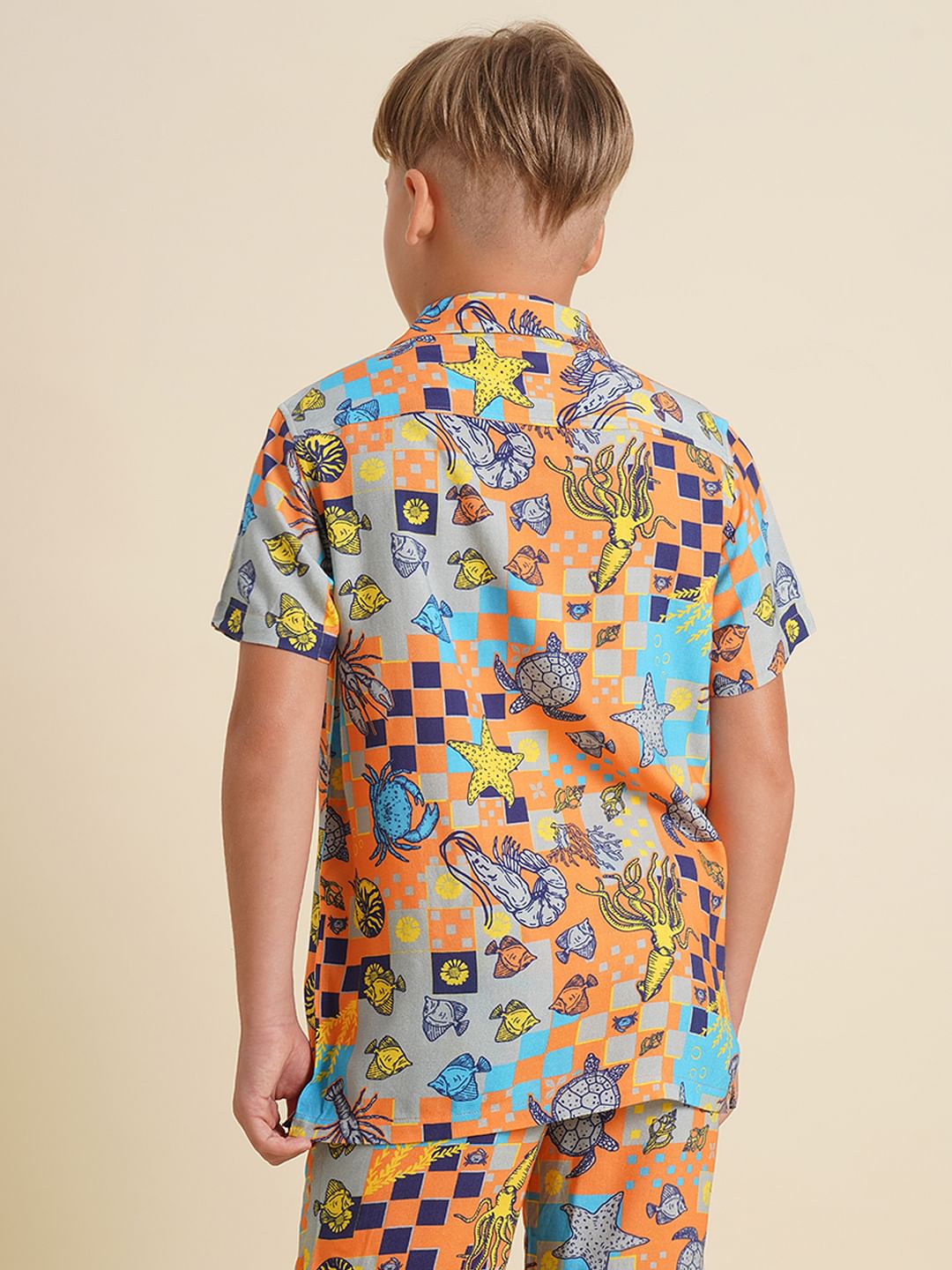 Boys Orange Printed Co-ord Set Shirt