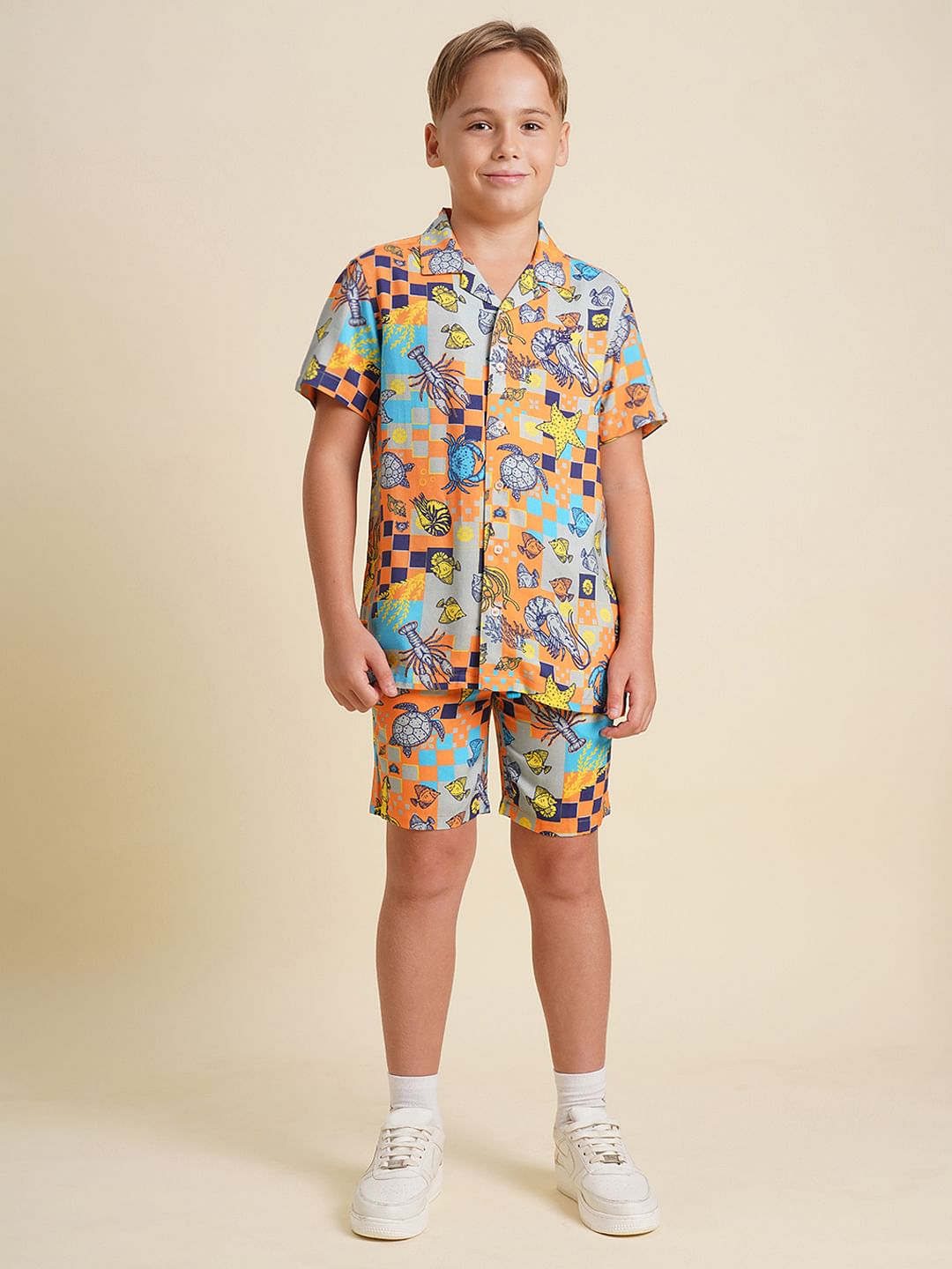 Boys Orange Printed Co-ord Set Shirt