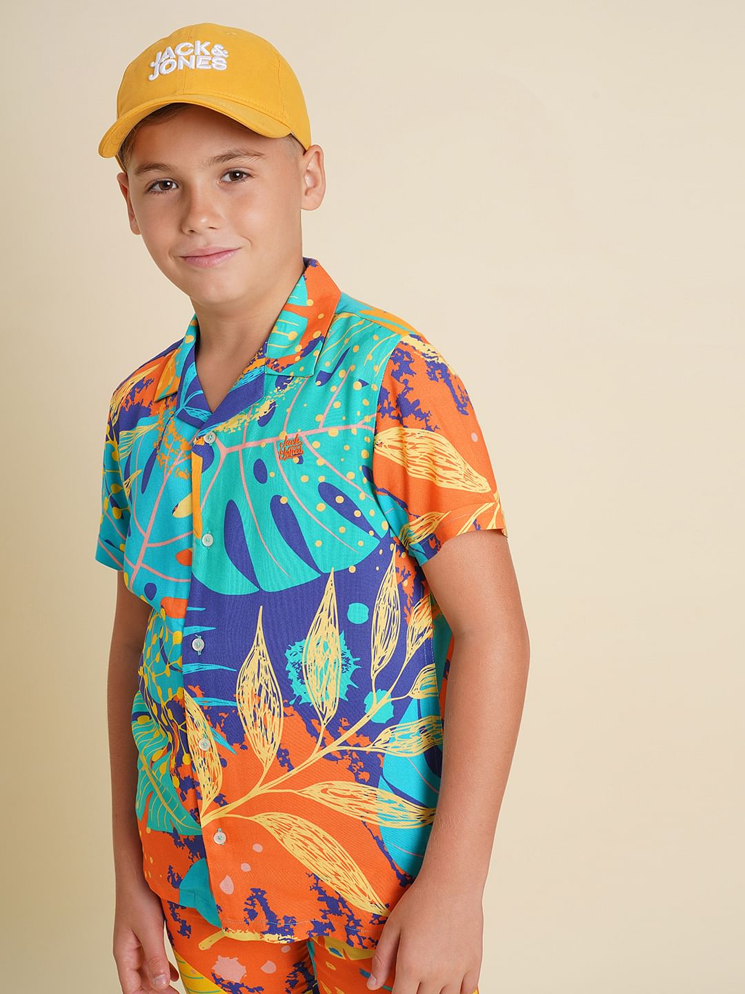 Boys Orange Printed Viscose Co-ord Set Shirt