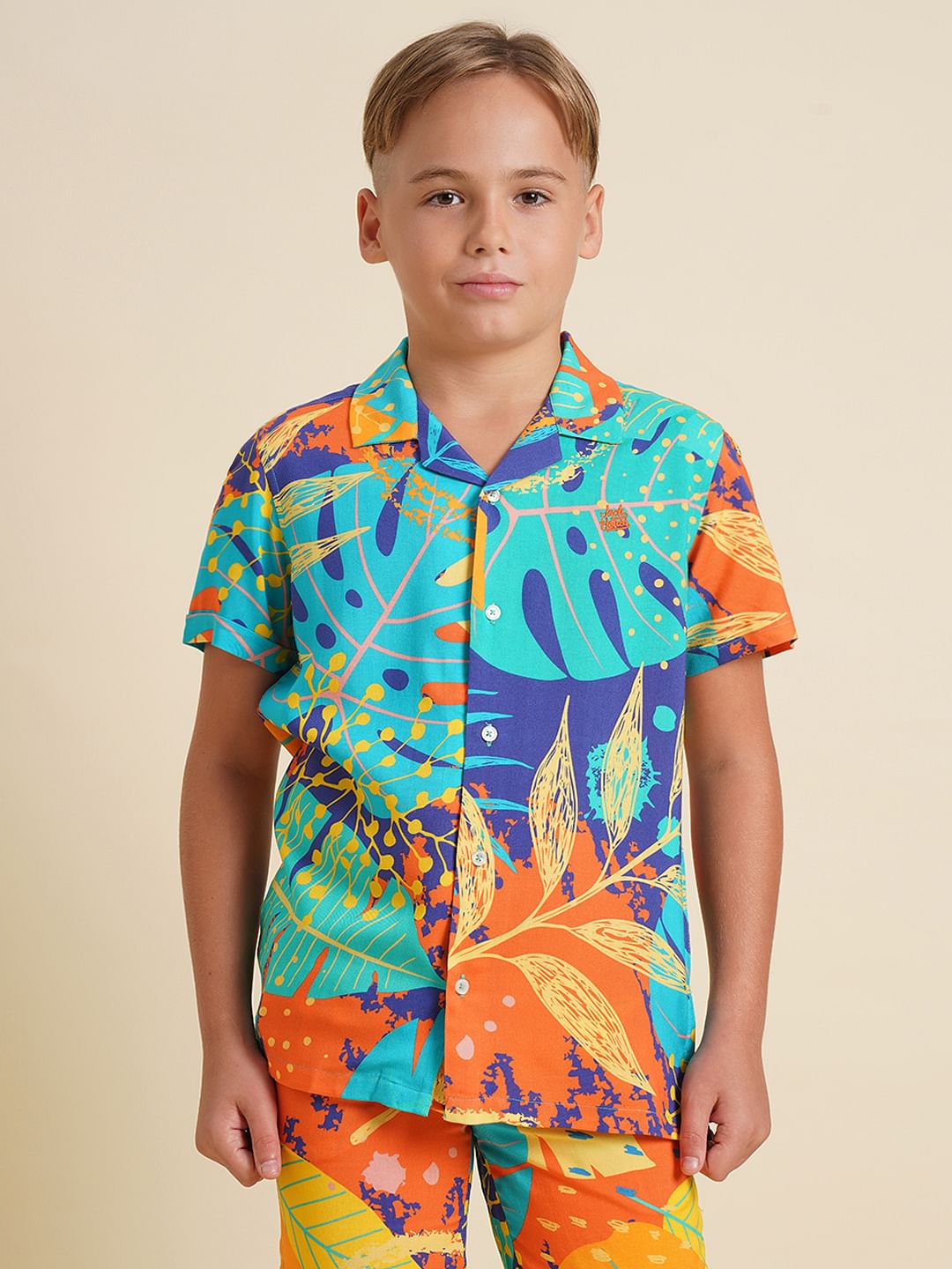 Boys Orange Printed Viscose Co-ord Set Shirt