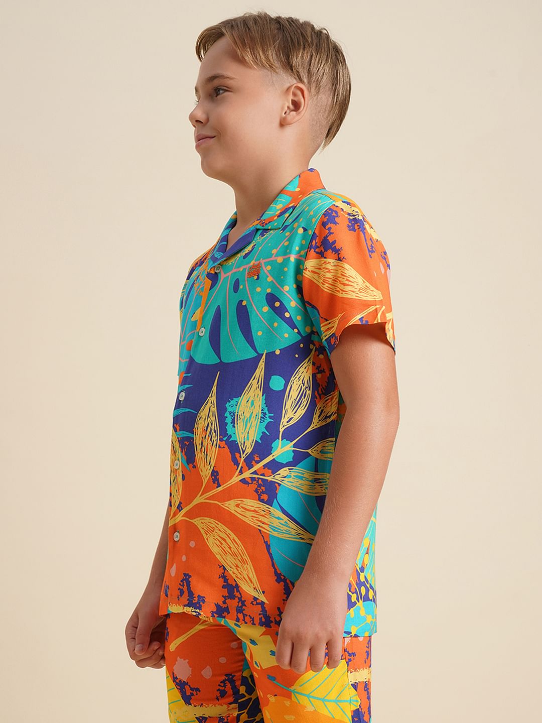 Boys Orange Printed Viscose Co-ord Set Shirt