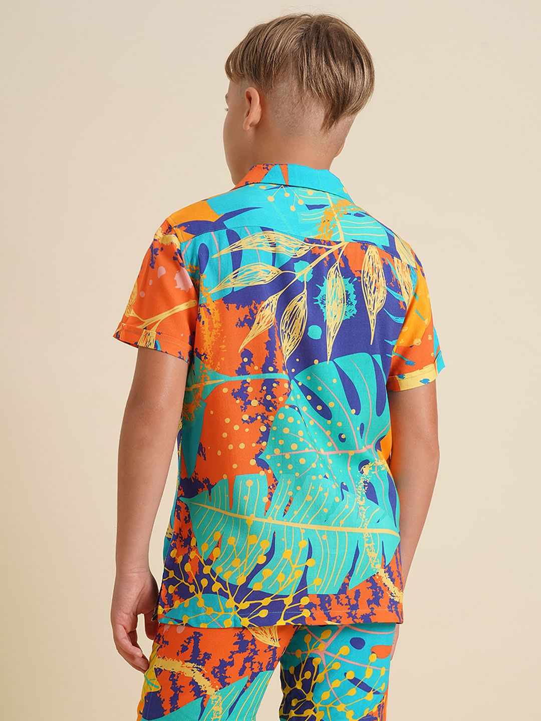 Boys Orange Printed Viscose Co-ord Set Shirt