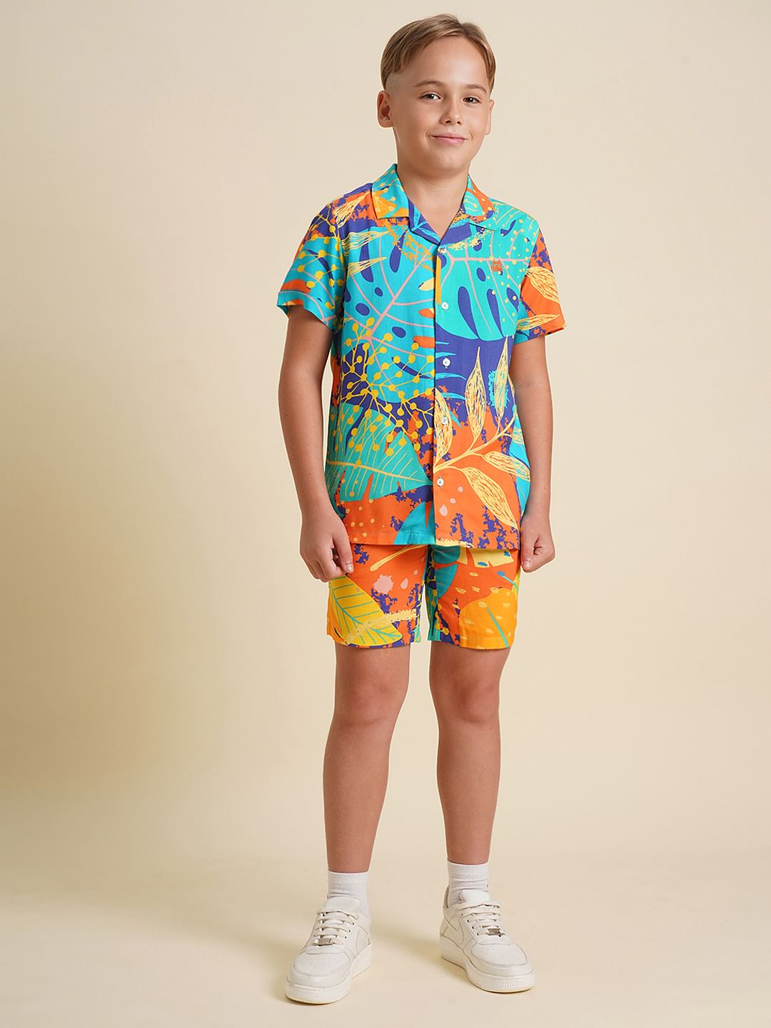 Boys Orange Printed Viscose Co-ord Set Shirt