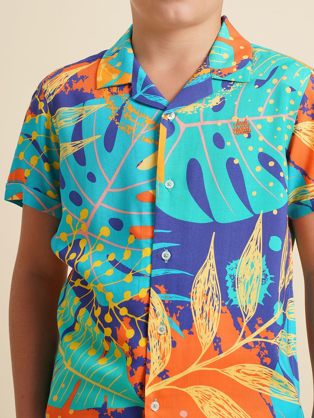 Boys Orange Printed Viscose Co-ord Set Shirt