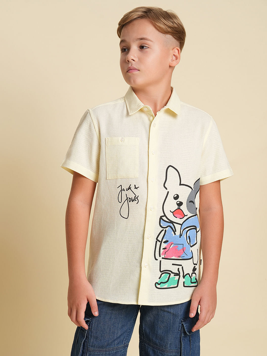 Boys Yellow Cotton Doggo Print Shirt
