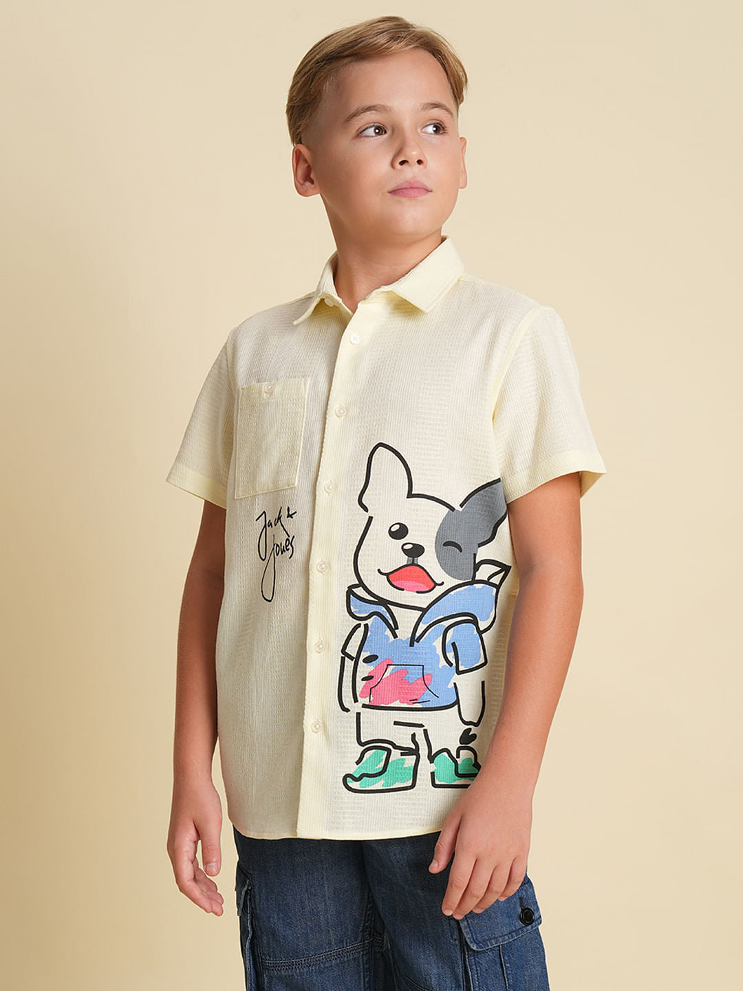 Boys Yellow Cotton Doggo Print Shirt