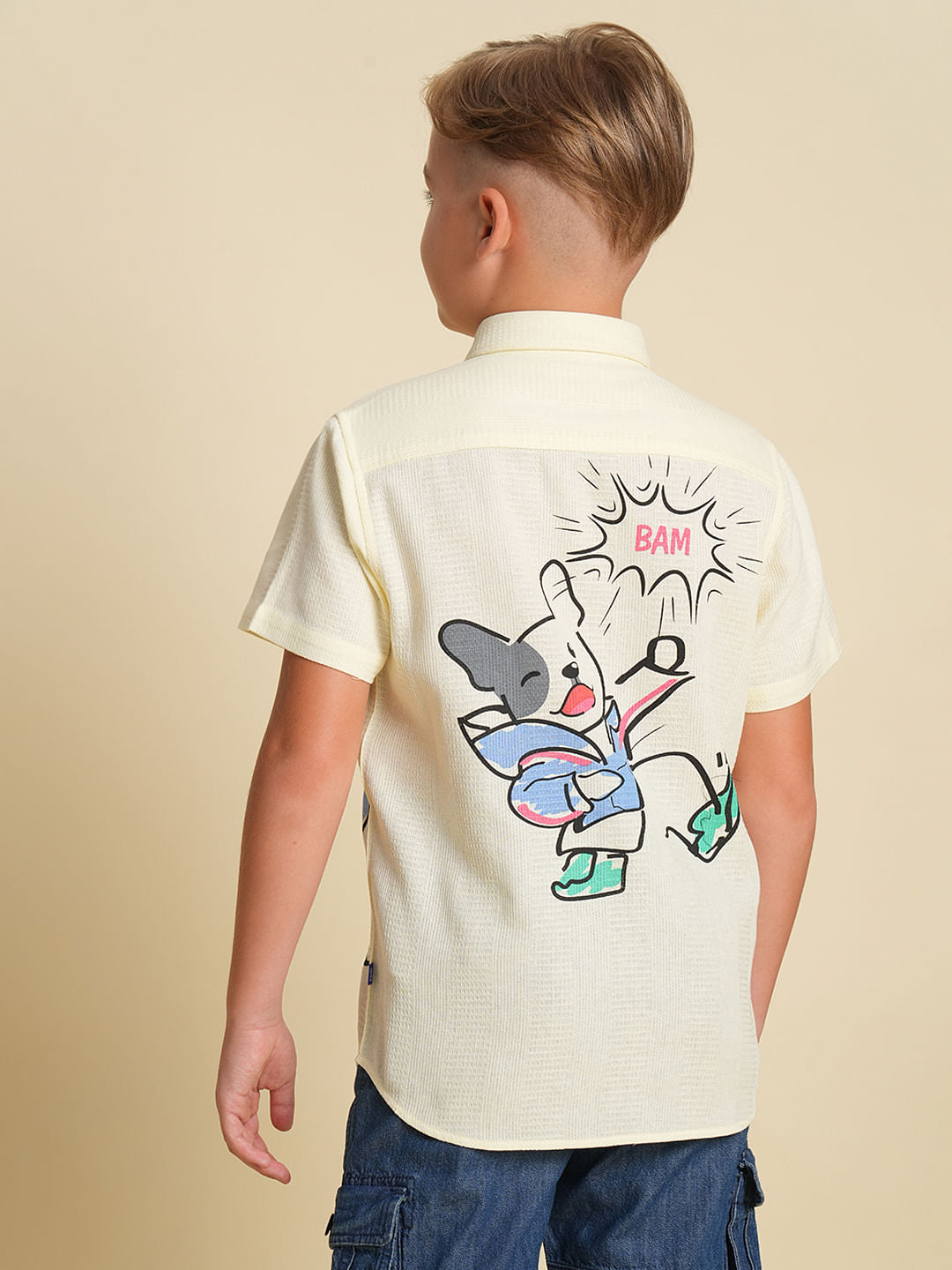 Boys Yellow Cotton Doggo Print Shirt