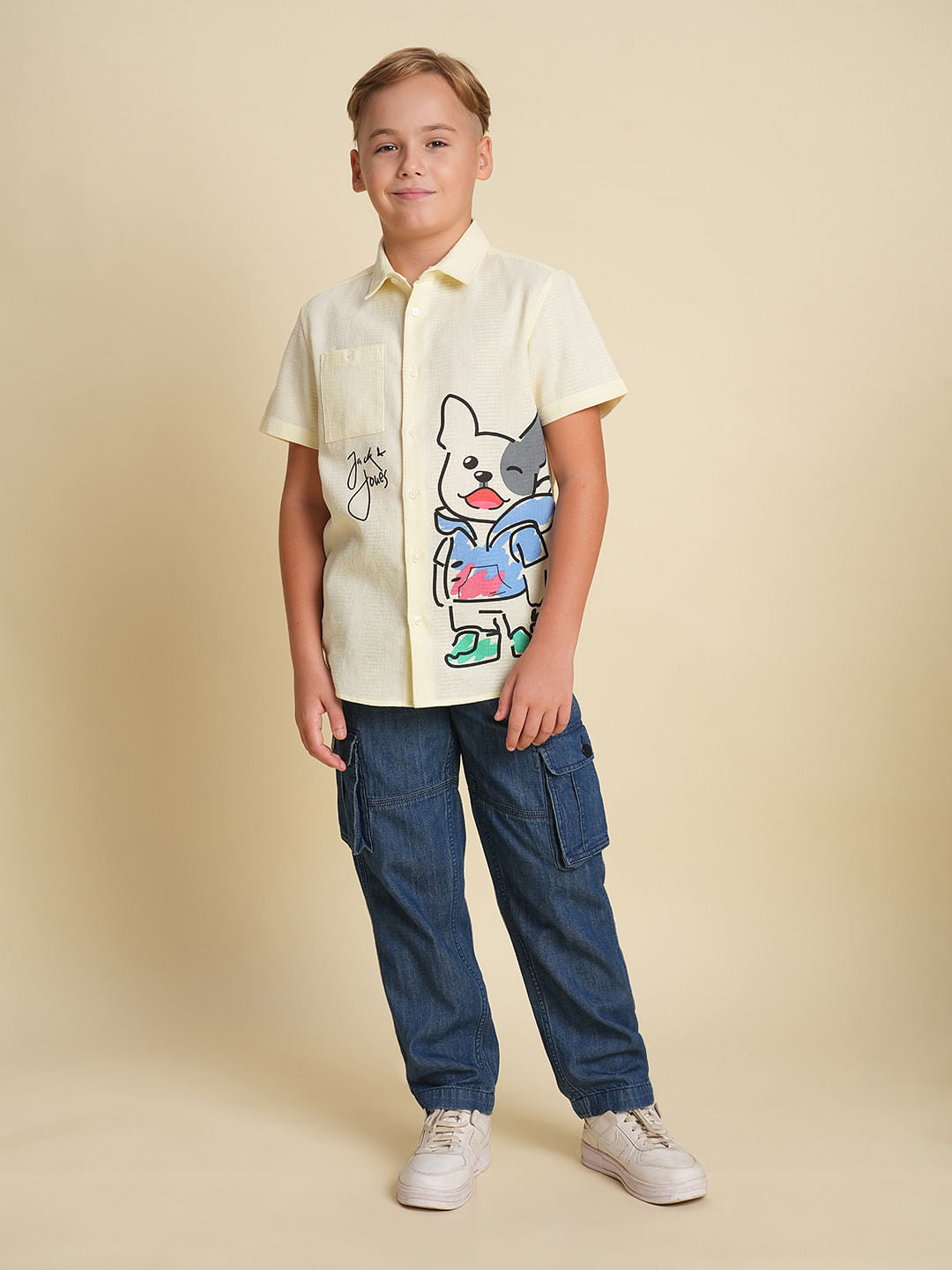 Boys Yellow Cotton Doggo Print Shirt