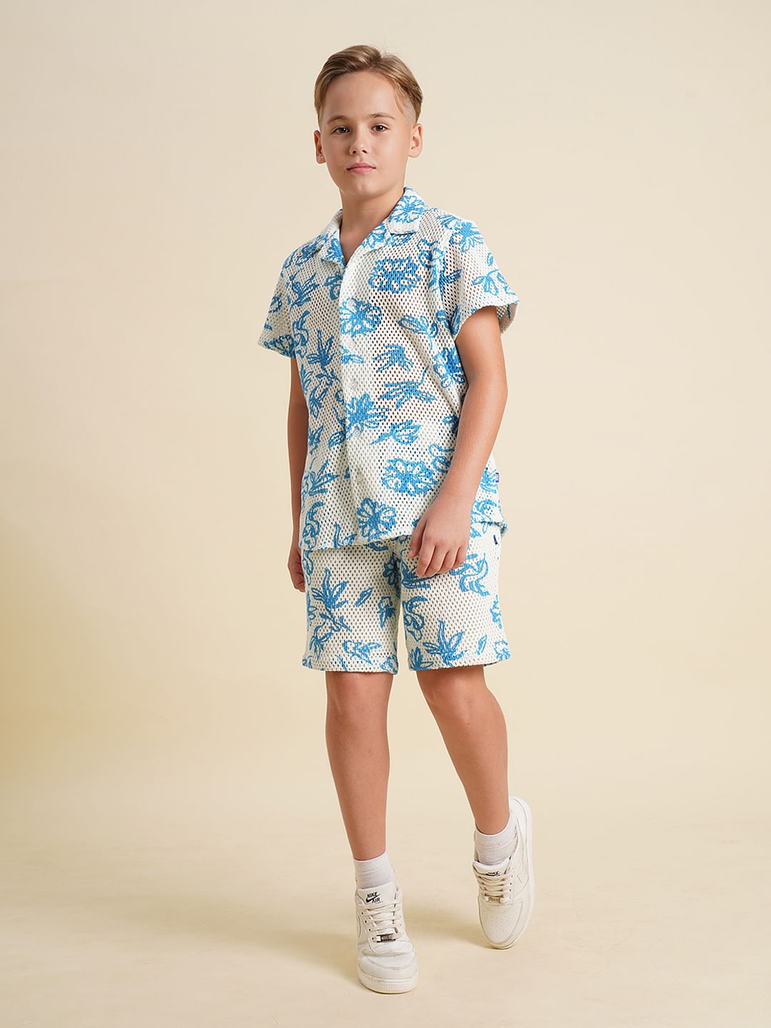 Boys Blue Printed Resort Collar Shirt