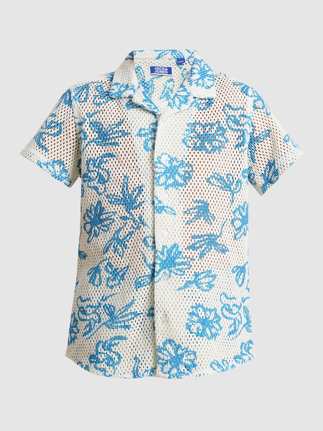 Boys Blue Printed Resort Collar Shirt