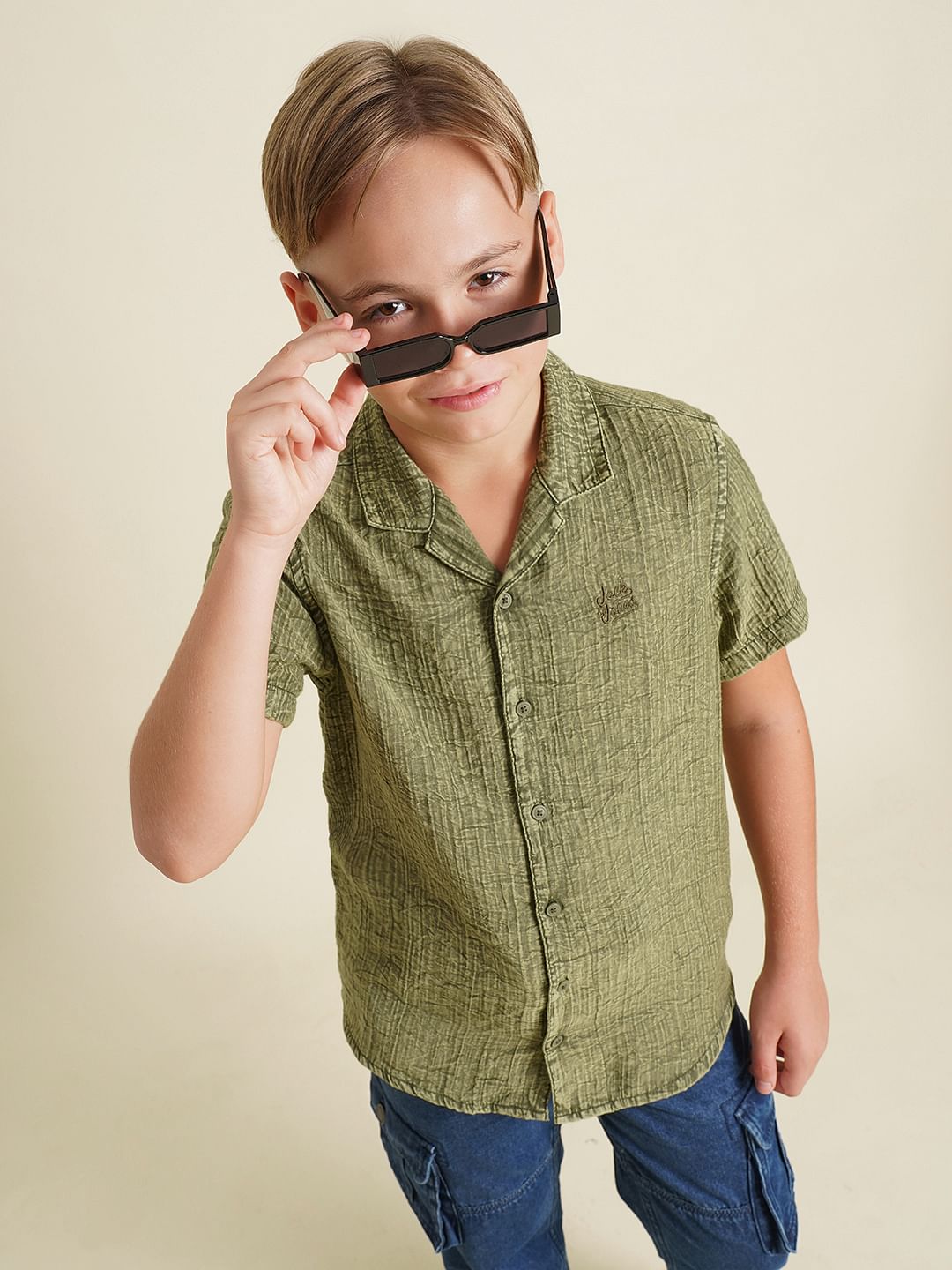 Boys Green Cotton Resort Collar Shirt