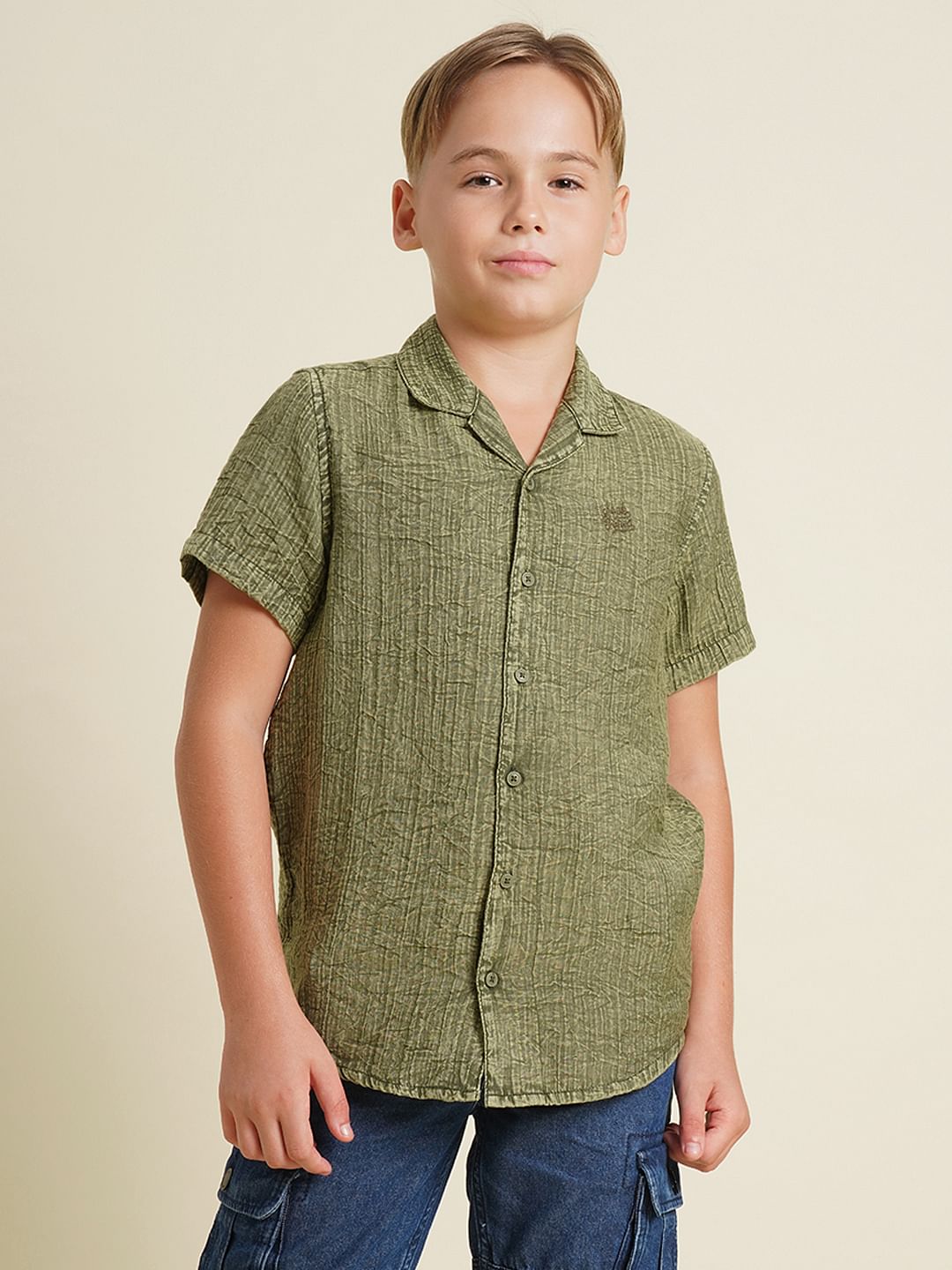 Boys Green Cotton Resort Collar Shirt