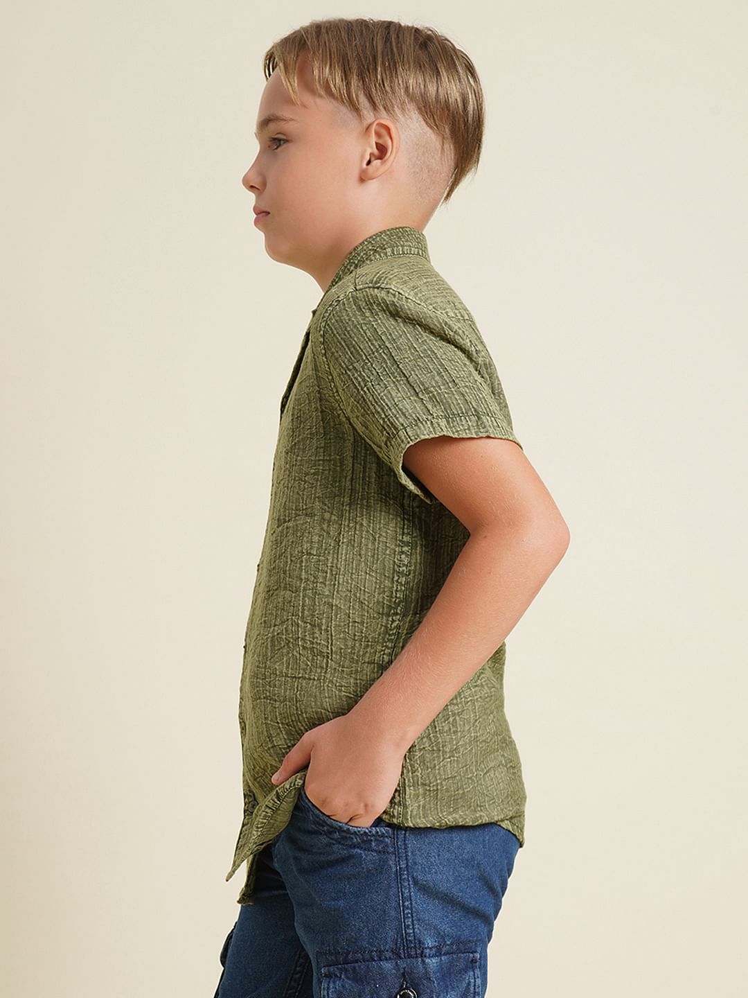 Boys Green Cotton Resort Collar Shirt