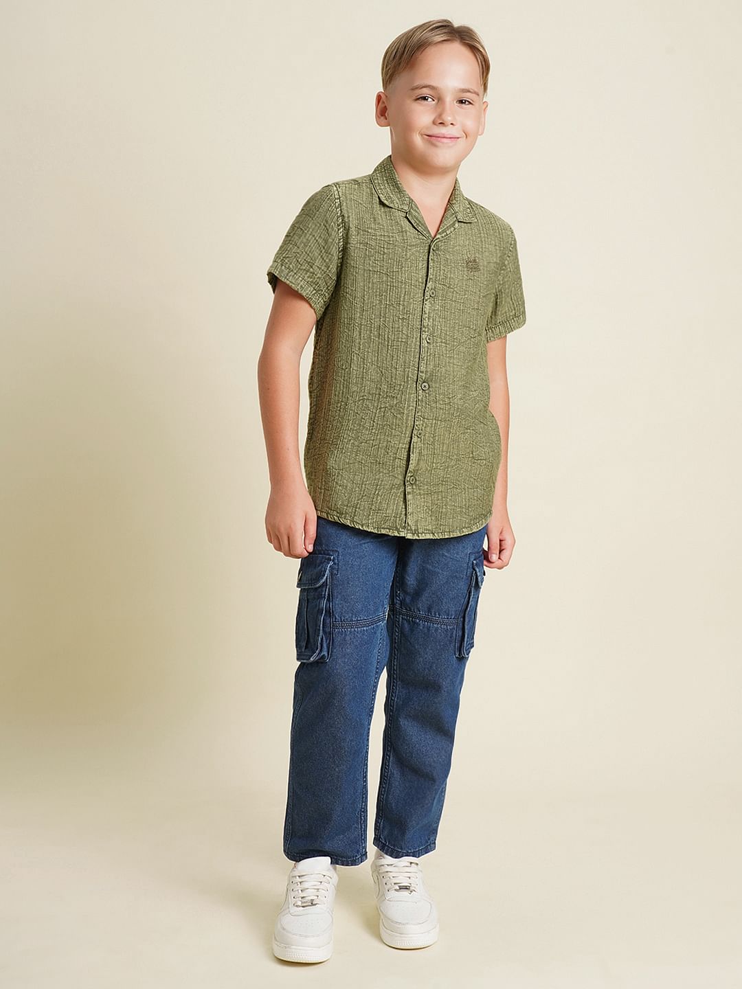 Boys Green Cotton Resort Collar Shirt