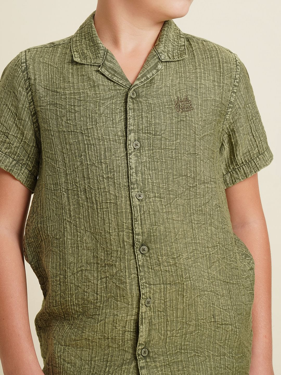 Boys Green Cotton Resort Collar Shirt