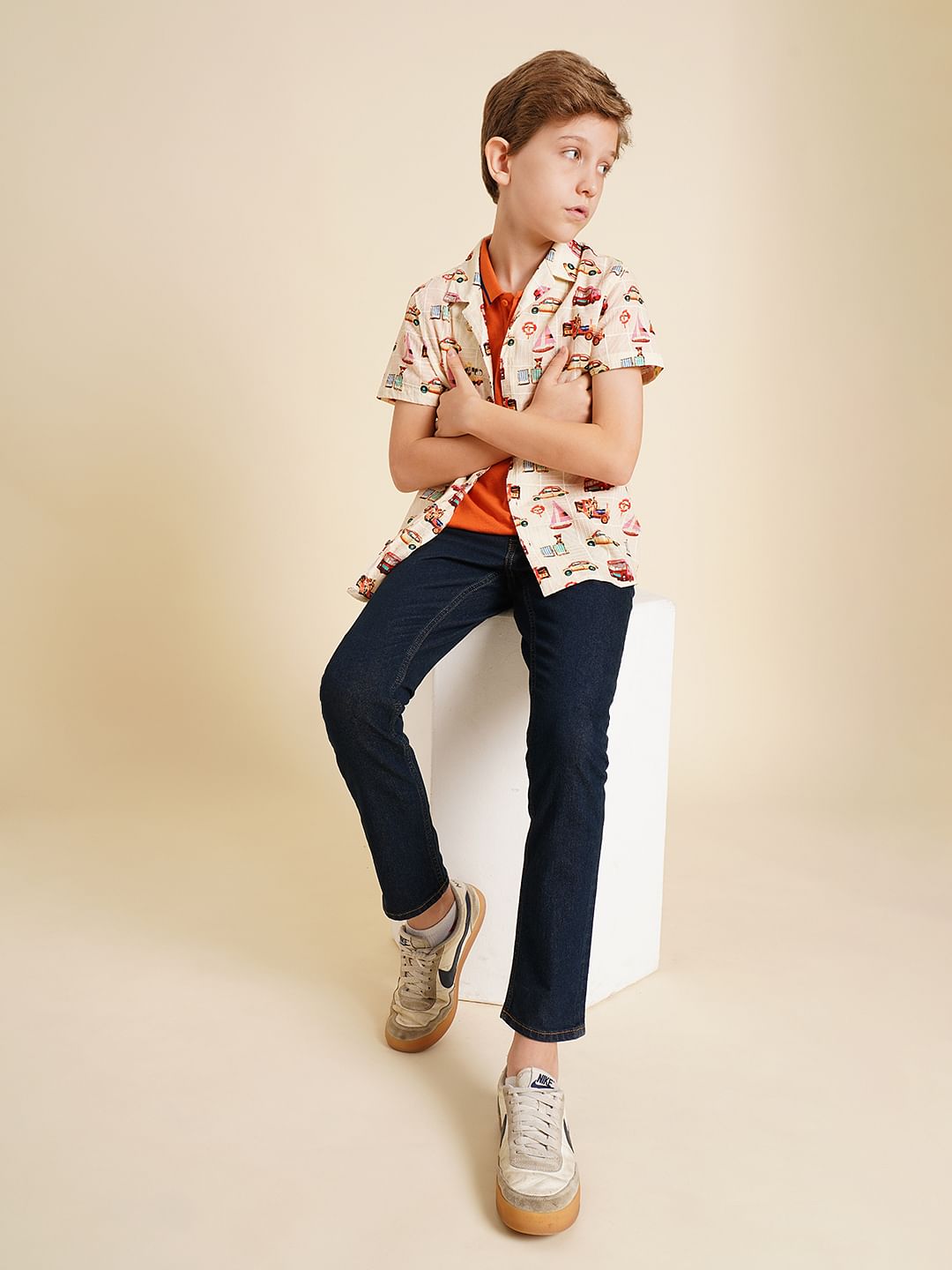 Boys Beige Car Print Dobby Shirt