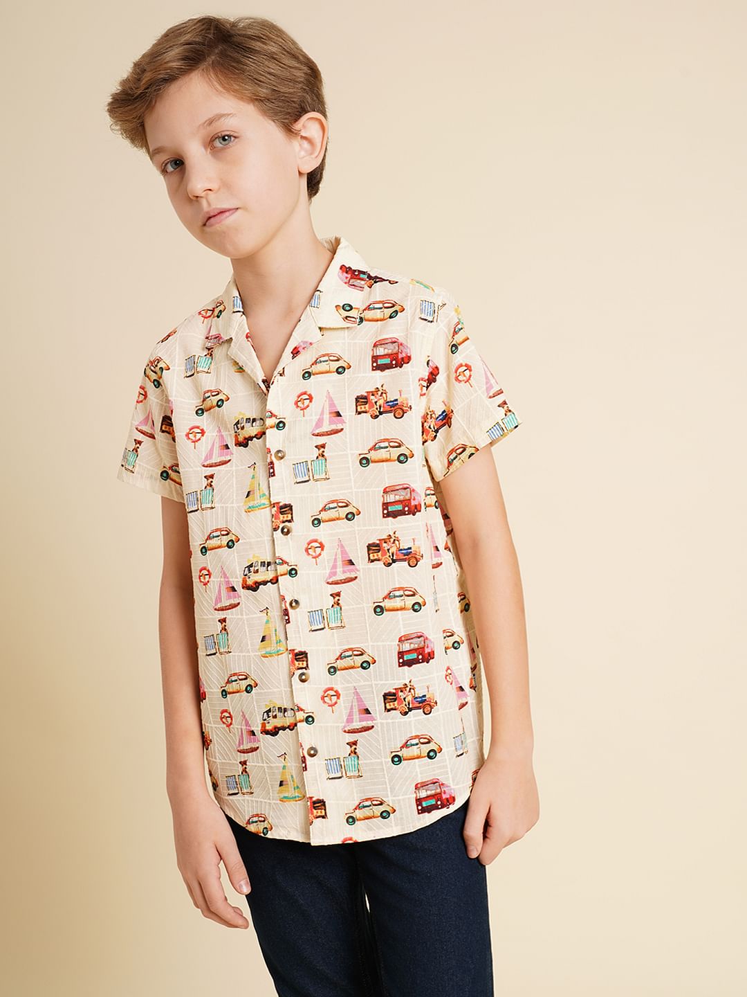 Boys Beige Car Print Dobby Shirt