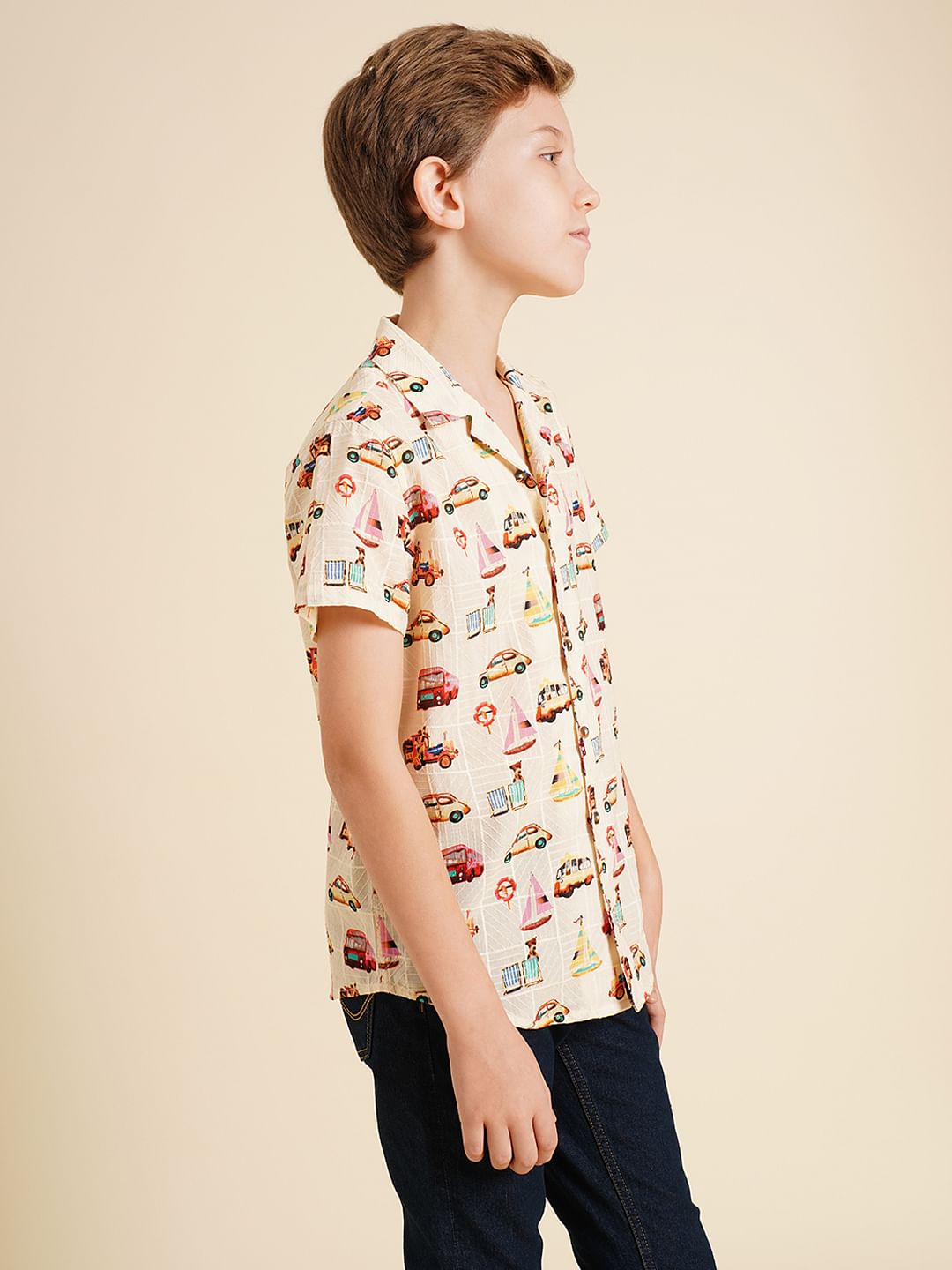 Boys Beige Car Print Dobby Shirt