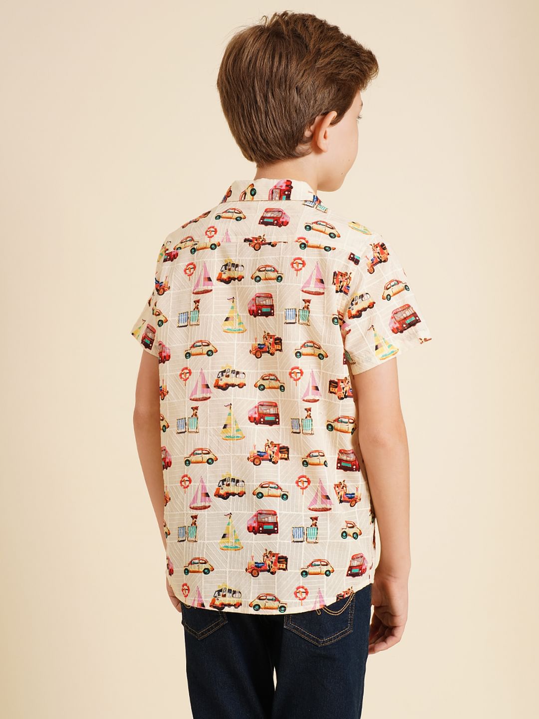 Boys Beige Car Print Dobby Shirt