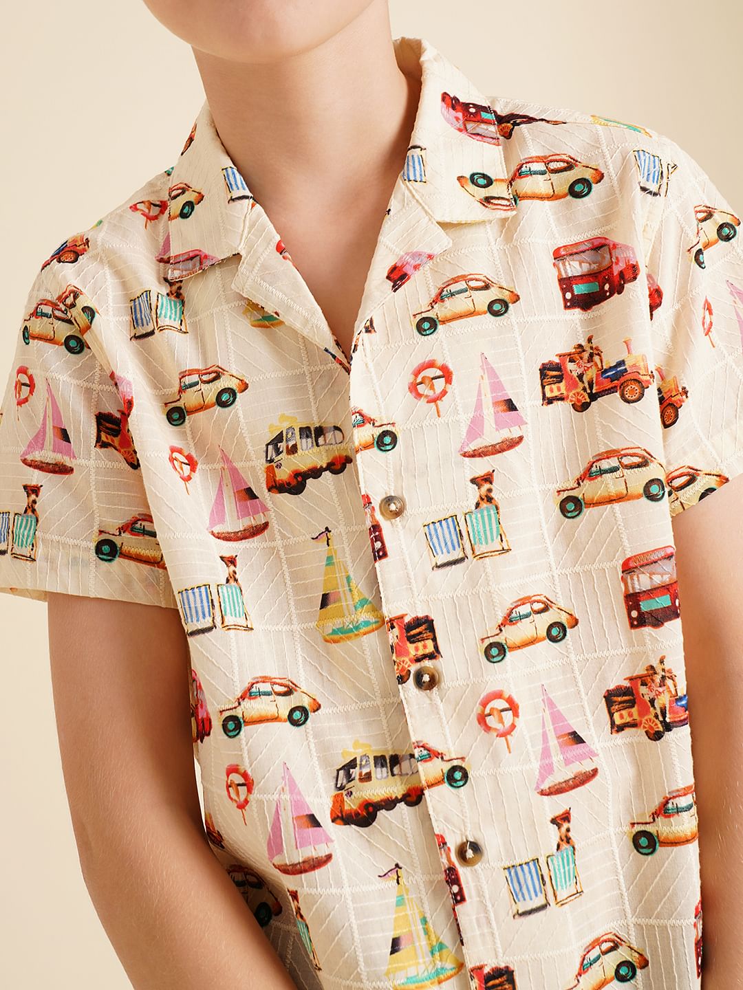 Boys Beige Car Print Dobby Shirt