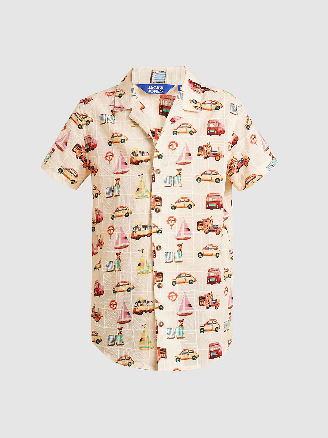 Boys Beige Car Print Dobby Shirt