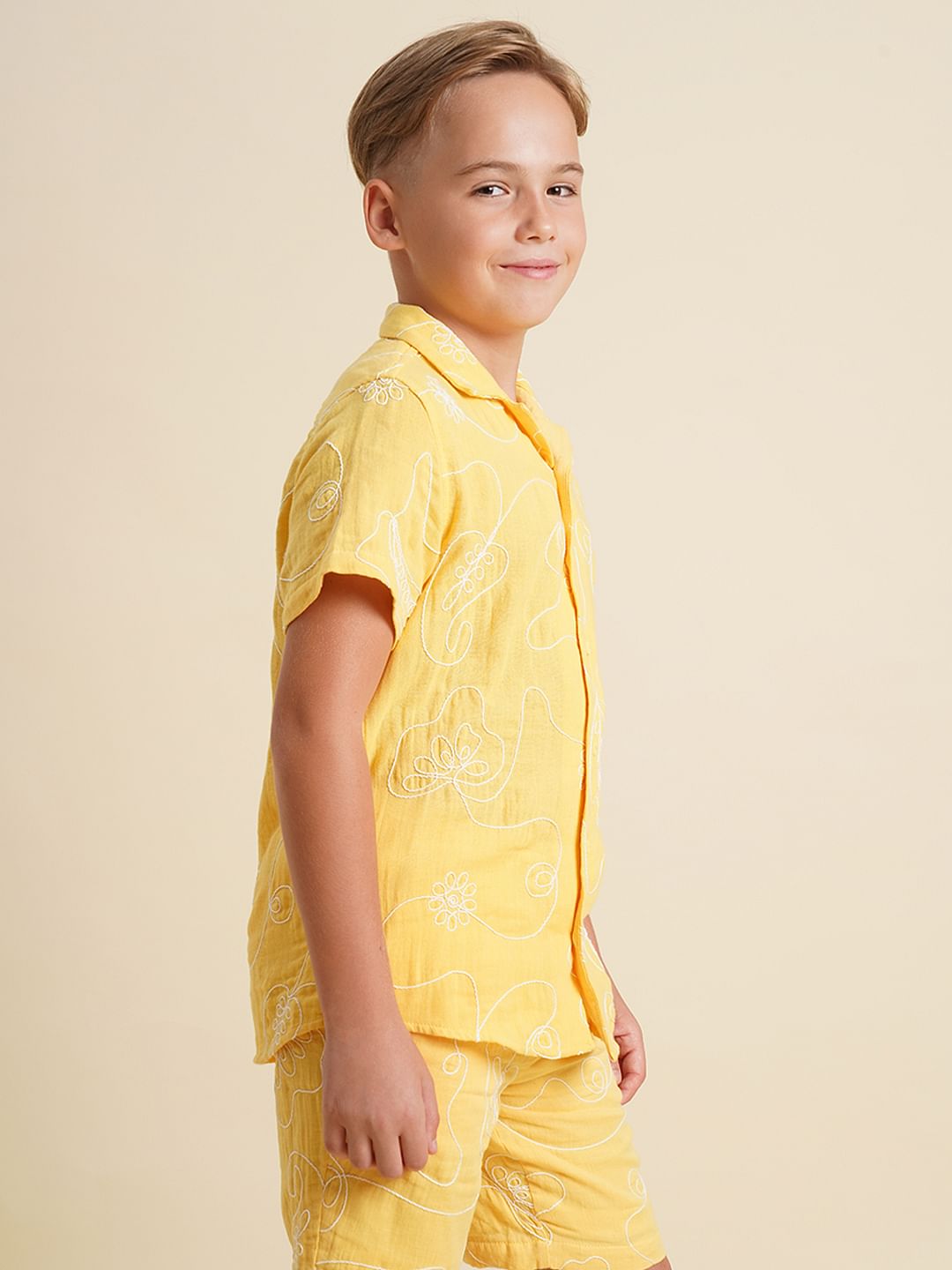 Boys Yellow Embroidered Co-ord Set Shirt
