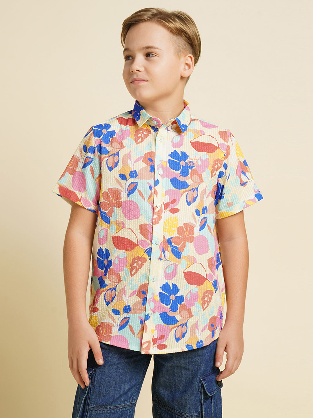 Boys Cotton Floral Print Shirt In Daffodil Yellow