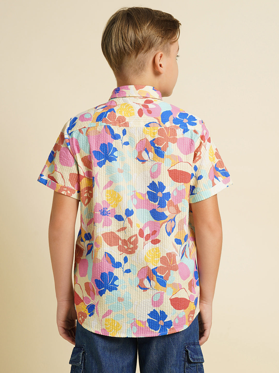 Boys Cotton Floral Print Shirt In Daffodil Yellow