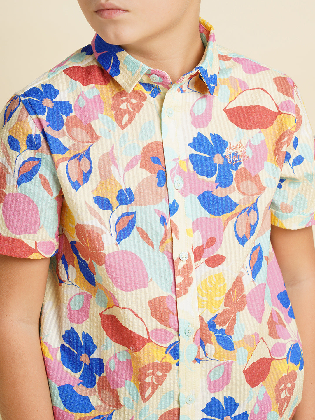 Boys Cotton Floral Print Shirt In Daffodil Yellow