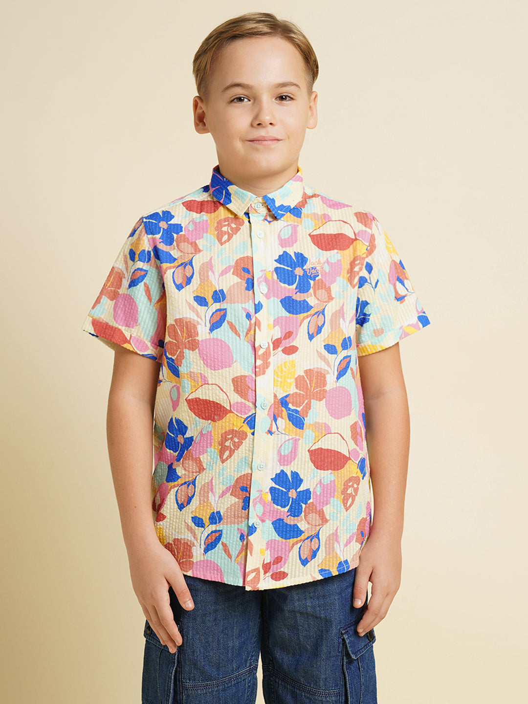 Boys Cotton Floral Print Shirt In Daffodil Yellow