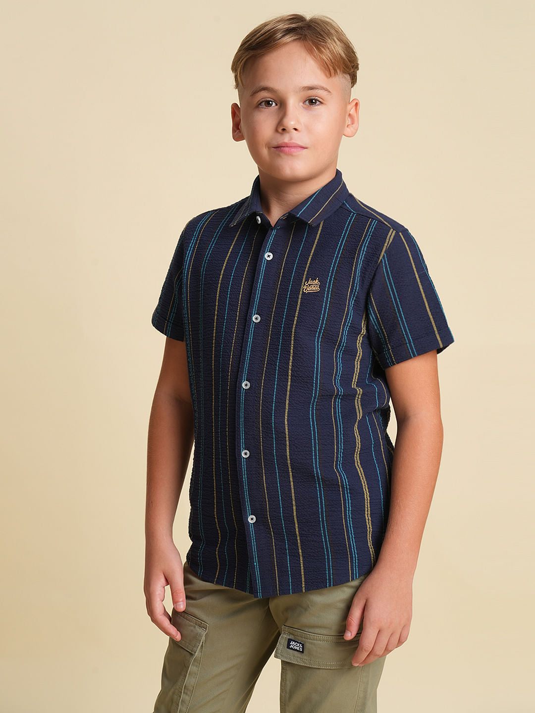 Boys Navy Blue Striped Cotton Shirt
