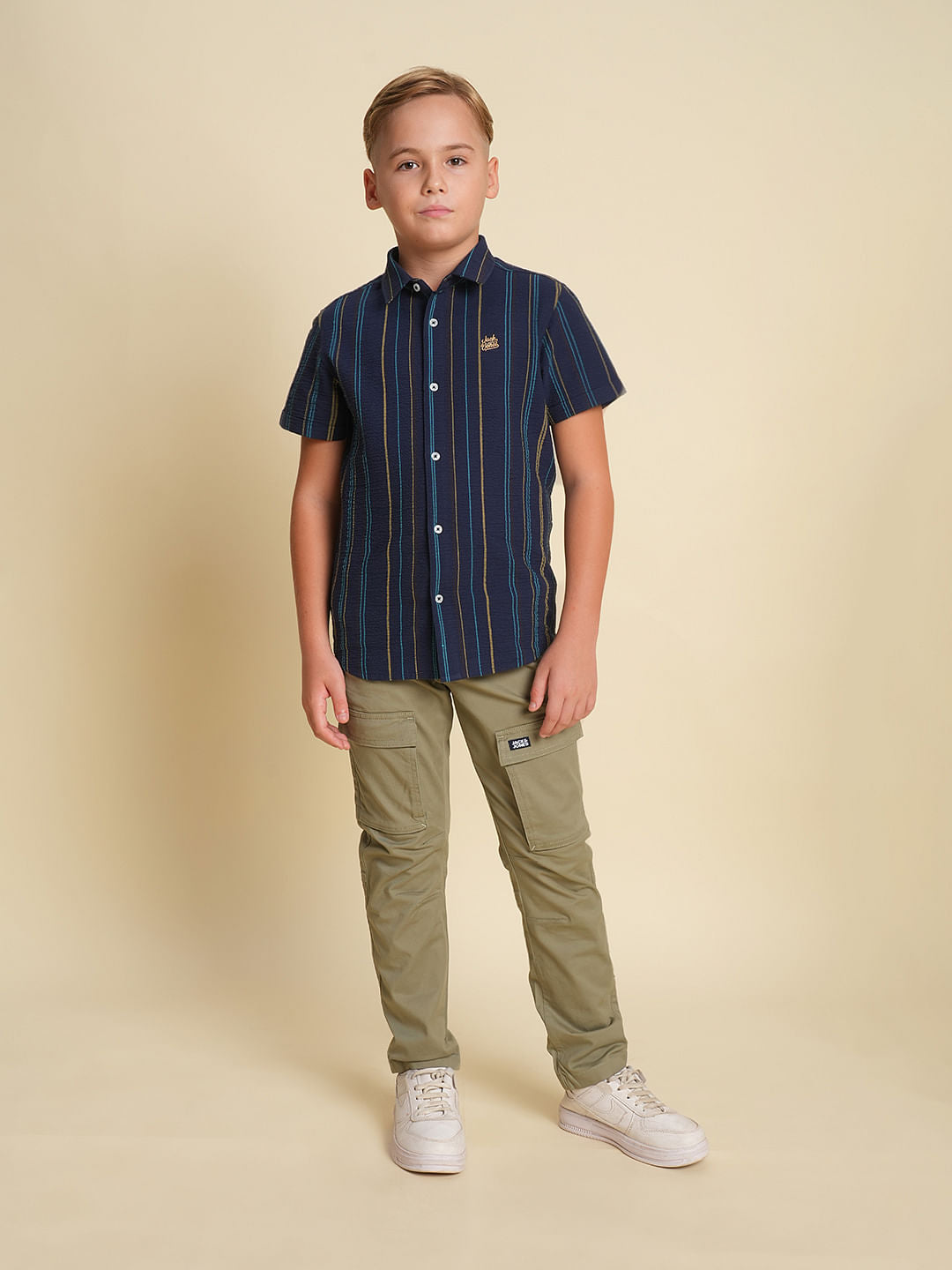 Boys Navy Blue Striped Cotton Shirt