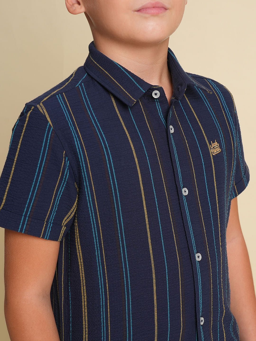 Boys Navy Blue Striped Cotton Shirt