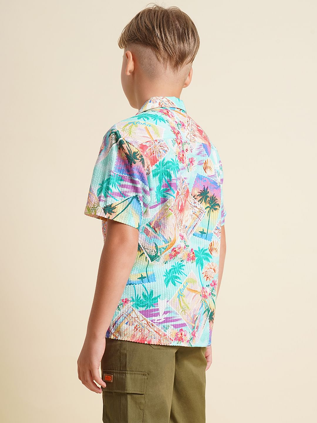 Boys Blue Tropical Print Cotton Shirt