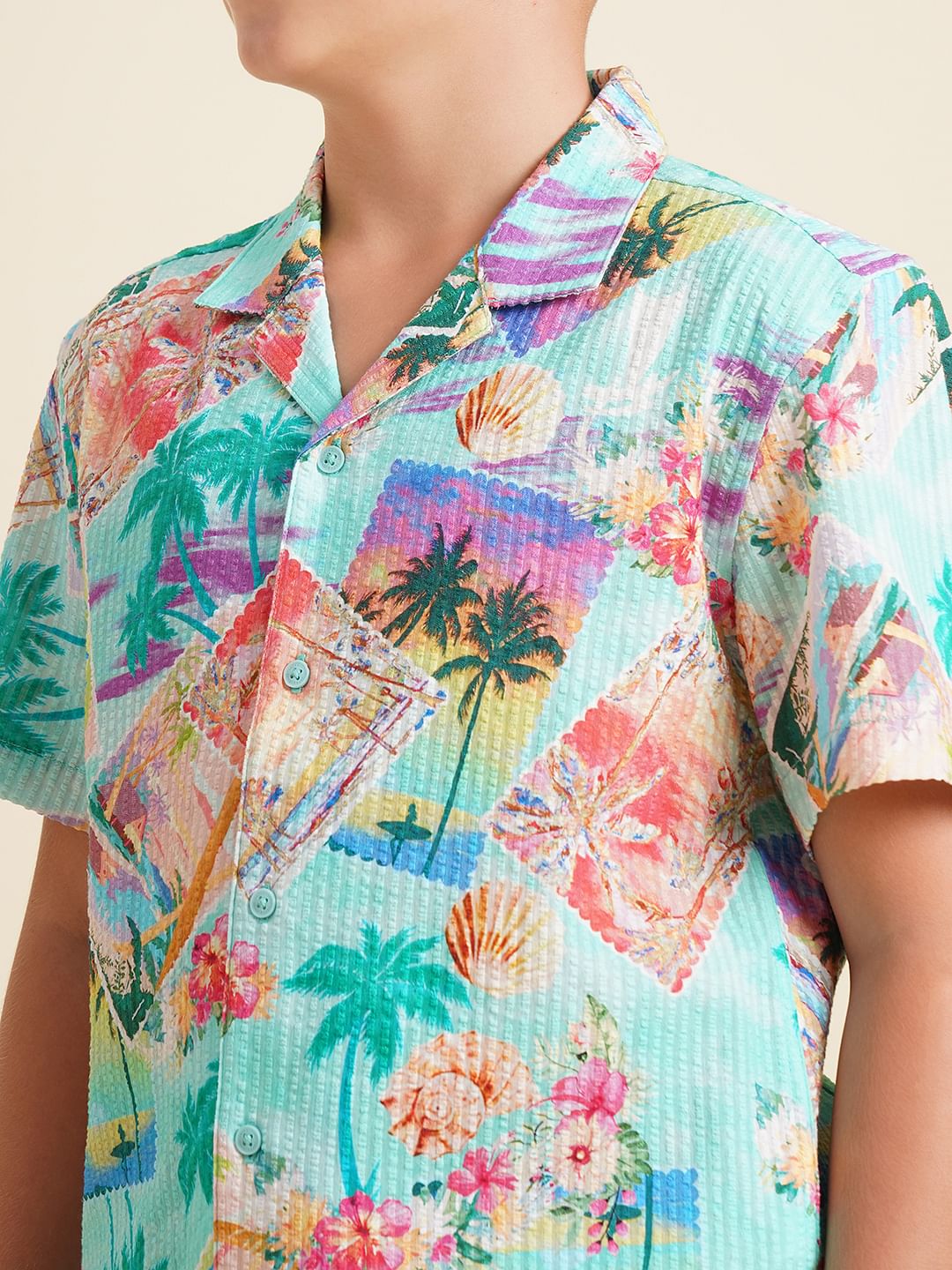 Boys Blue Tropical Print Cotton Shirt