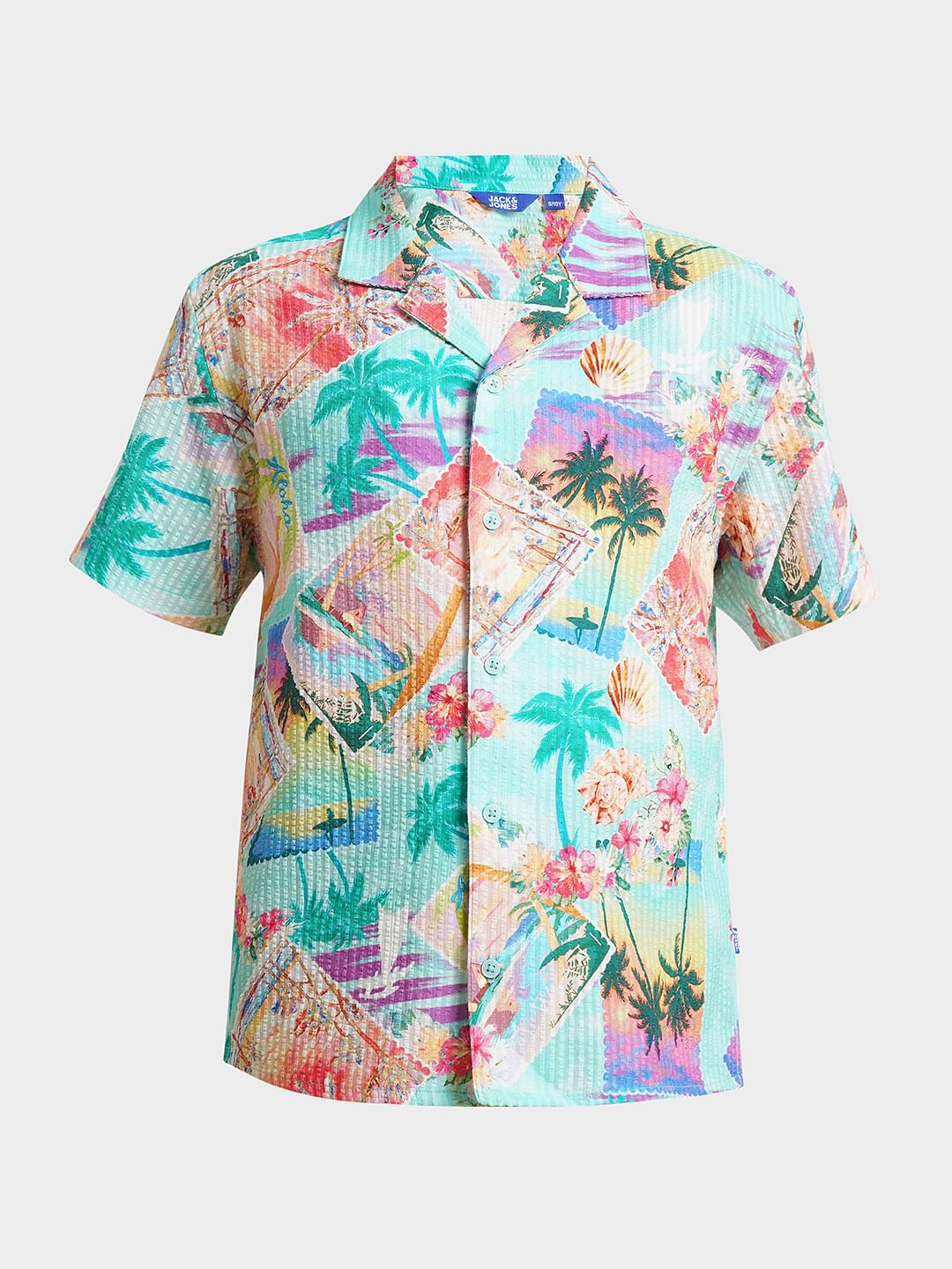 Boys Blue Tropical Print Cotton Shirt