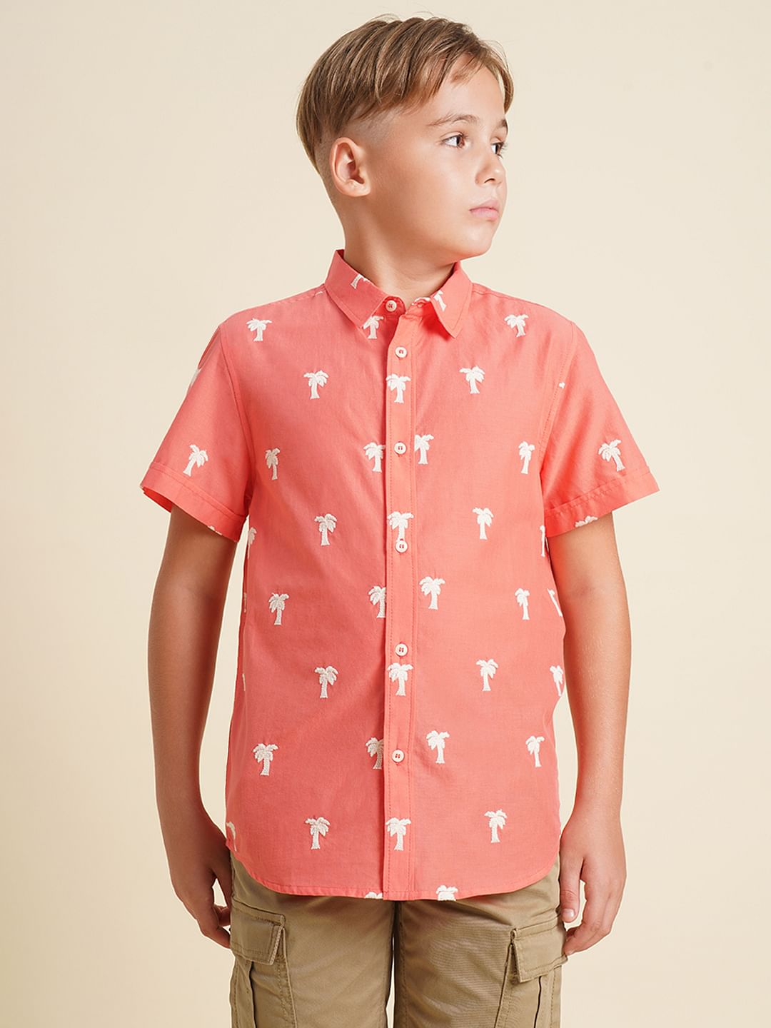 Boys Coral Embroidered Print Shirt