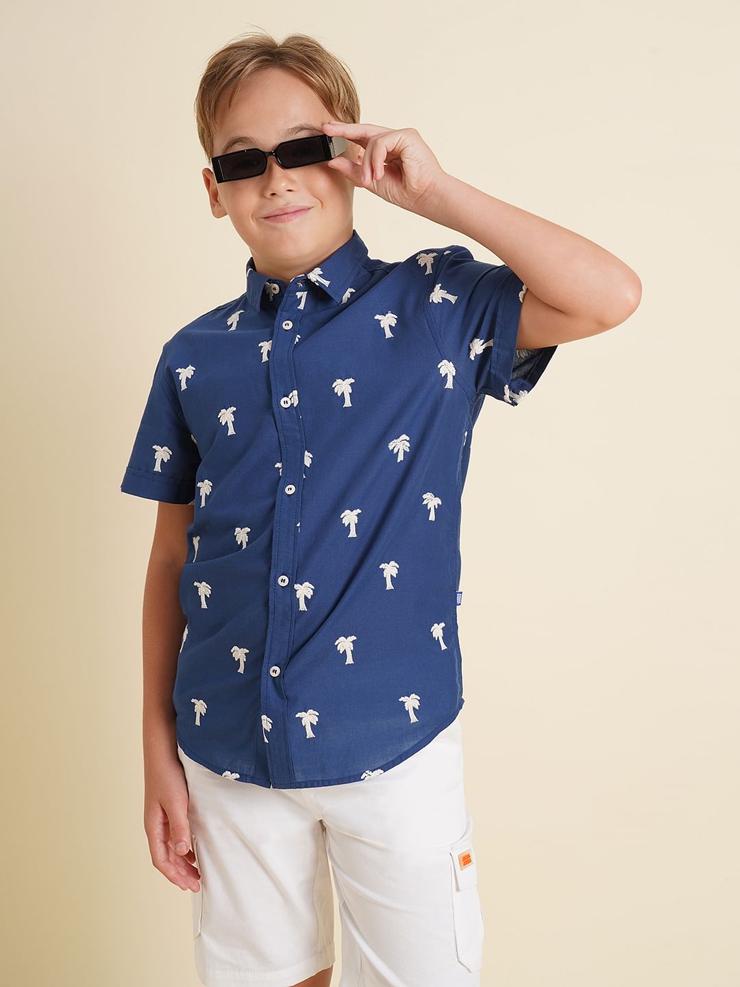 Boys Blue Embroidered Print Shirt
