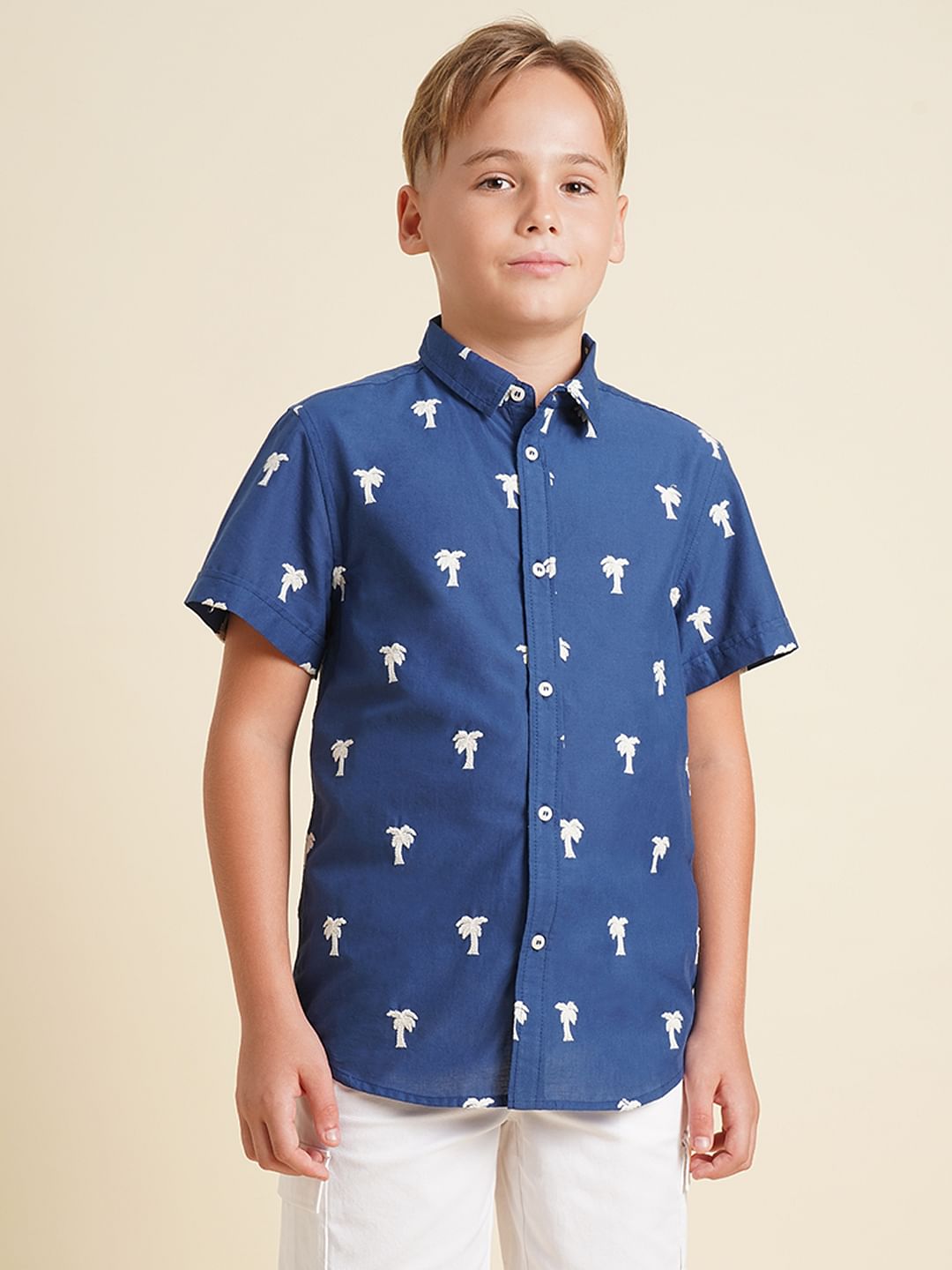 Boys Blue Embroidered Print Shirt