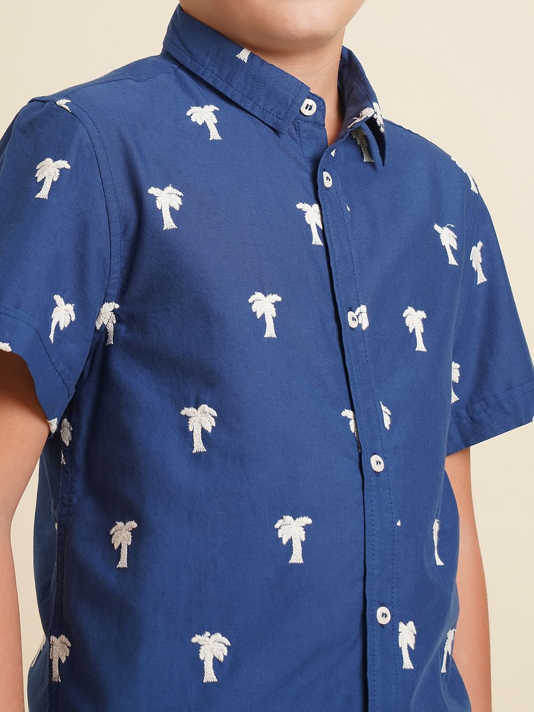 Boys Blue Embroidered Print Shirt