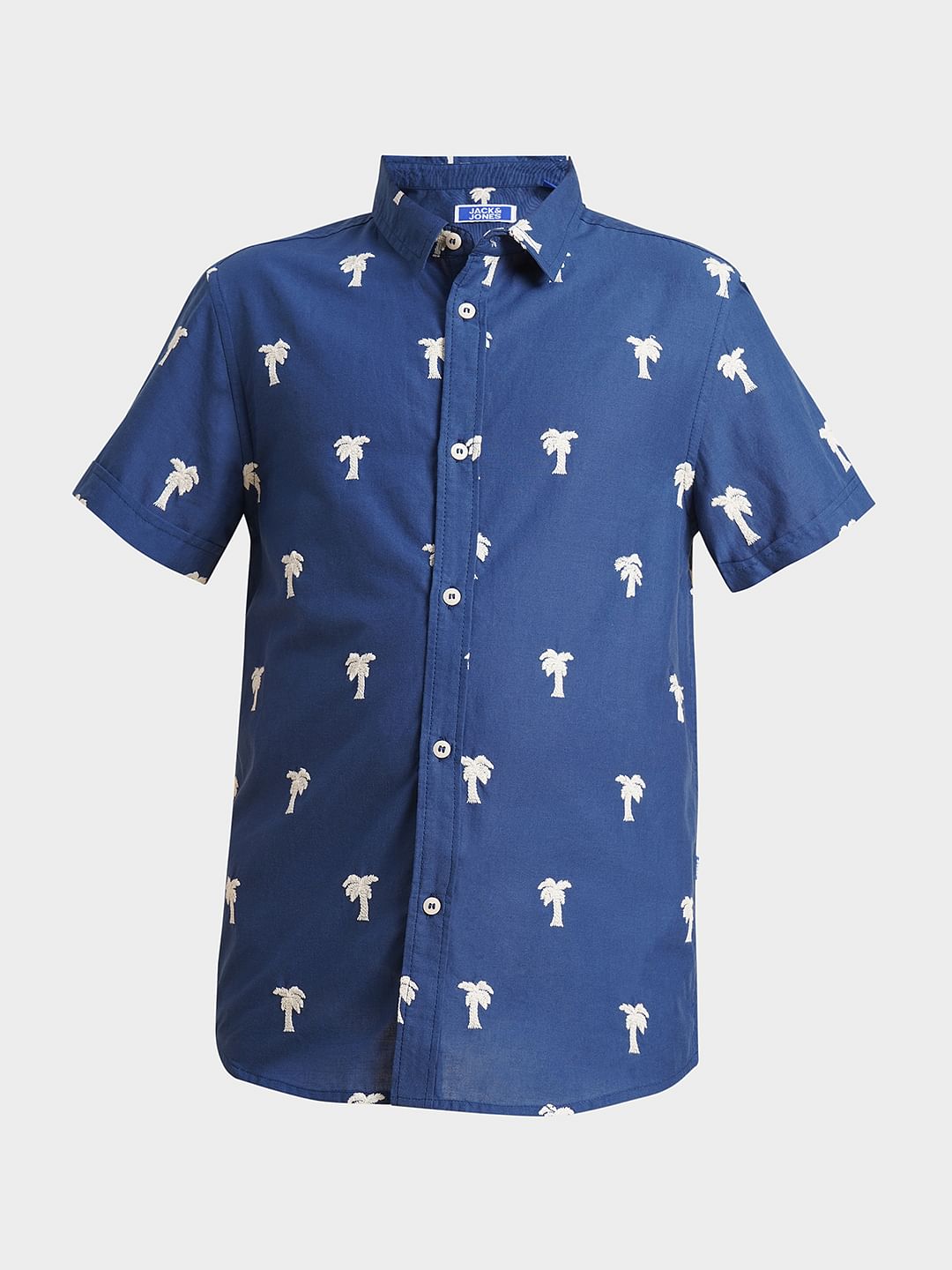 Boys Blue Embroidered Print Shirt