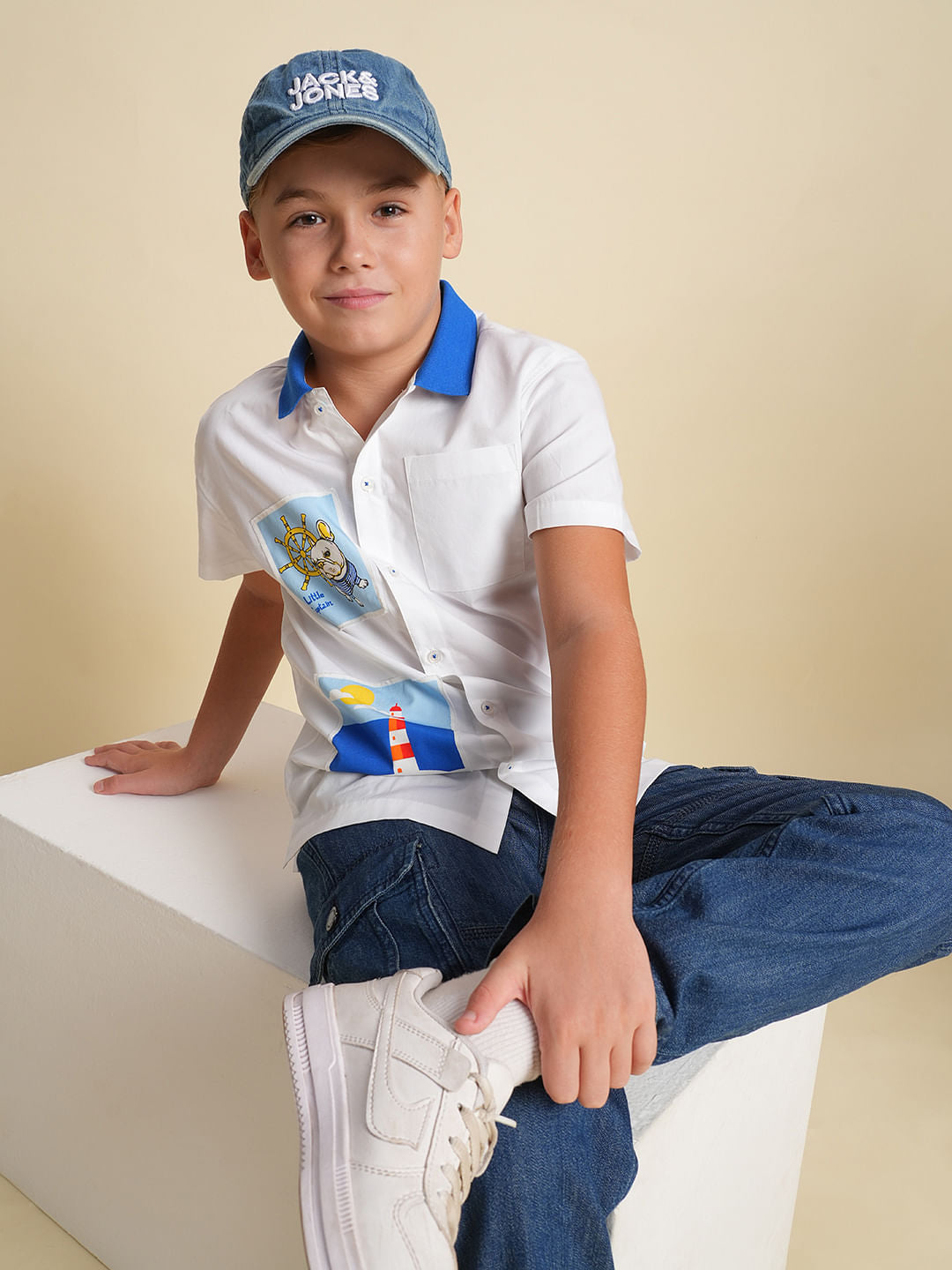 Boys White Printed Cotton Shirt