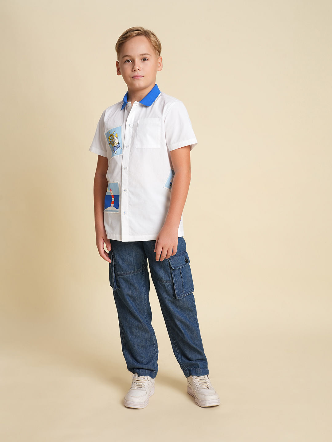 Boys White Printed Cotton Shirt