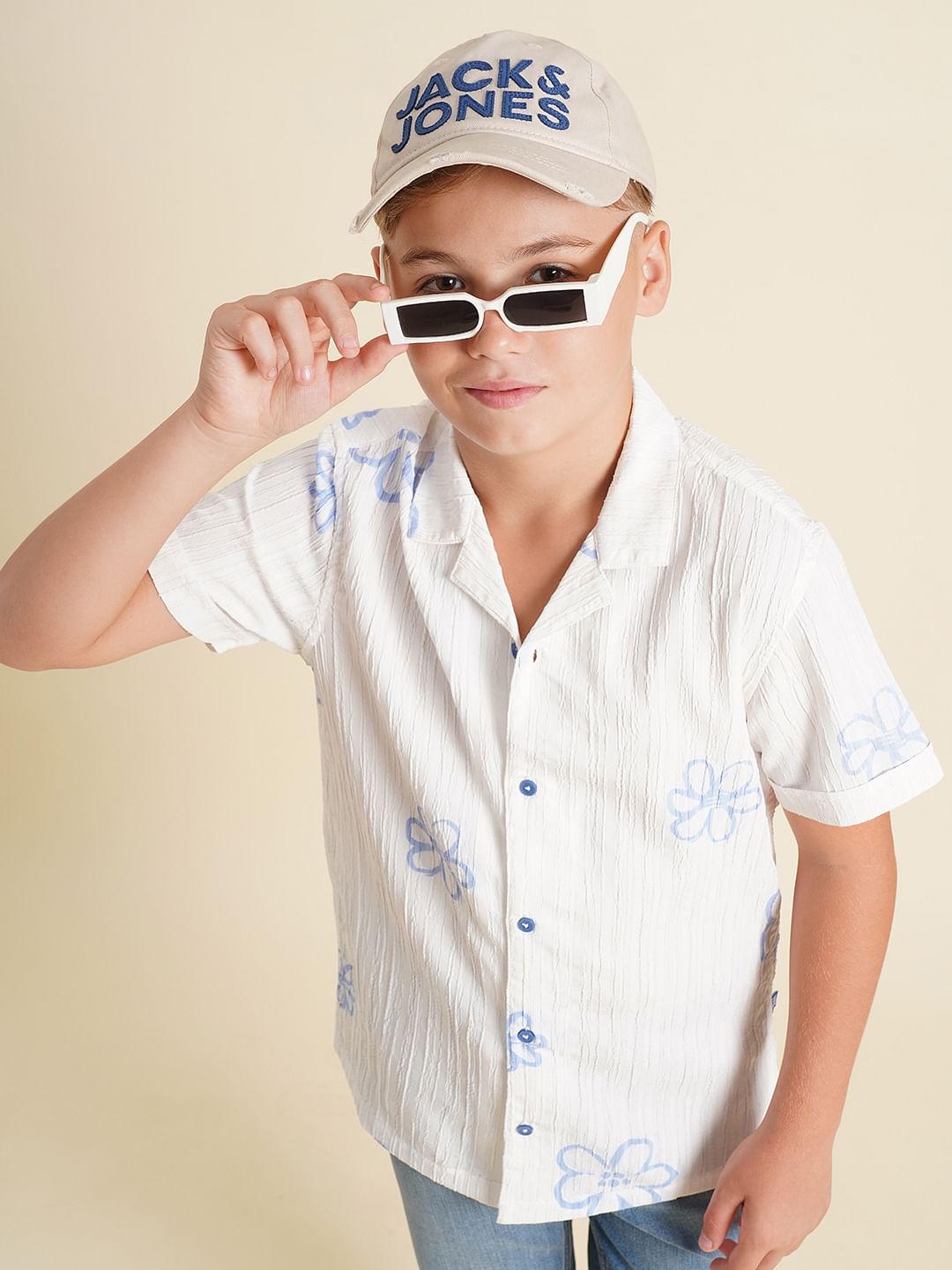 Boys White Printed Cotton Shirt