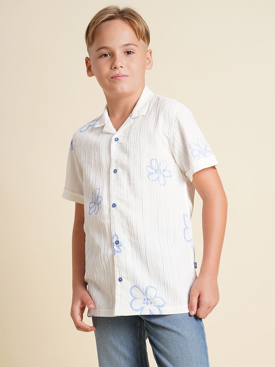 Boys White Printed Cotton Shirt