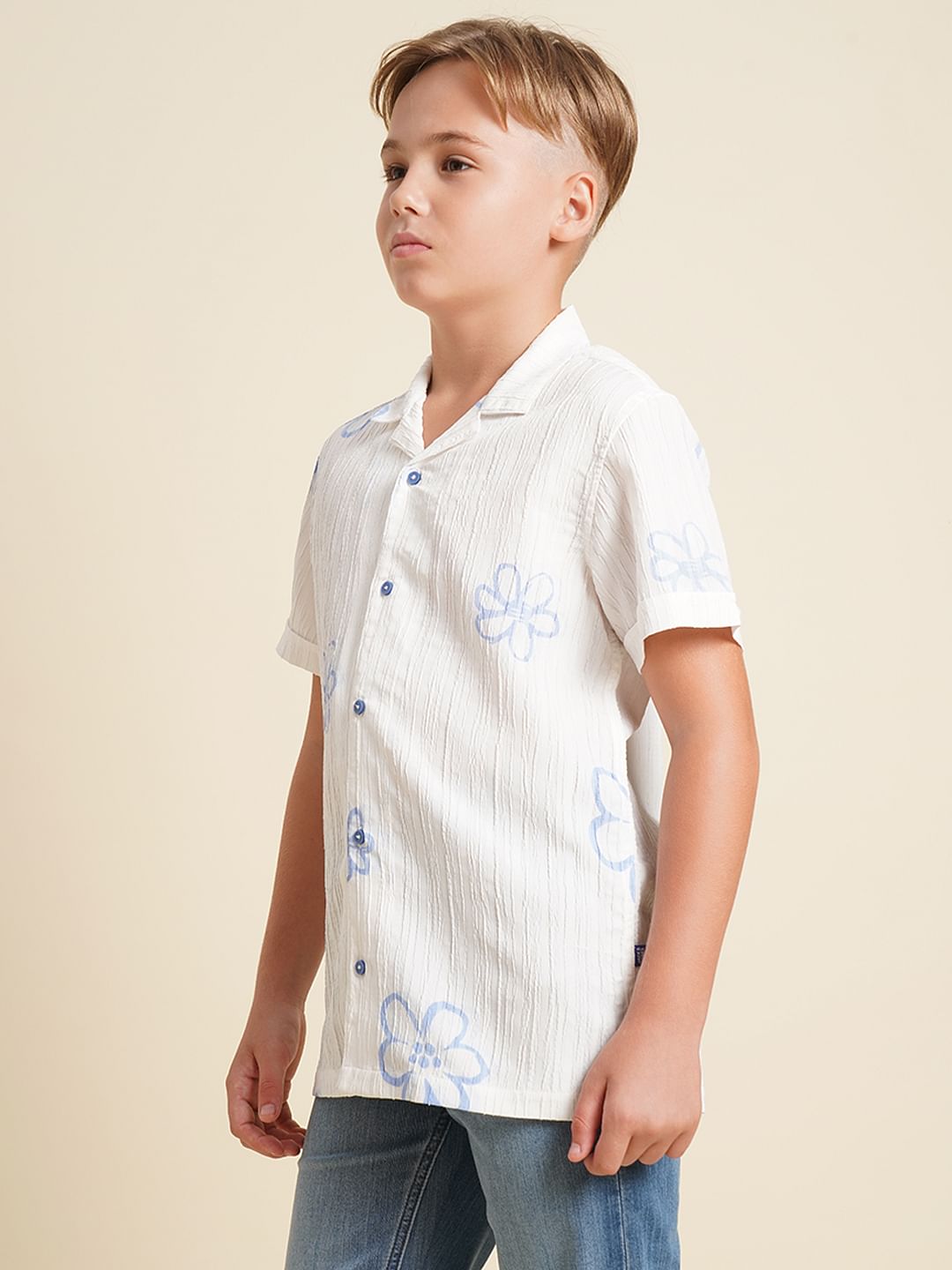 Boys White Printed Cotton Shirt