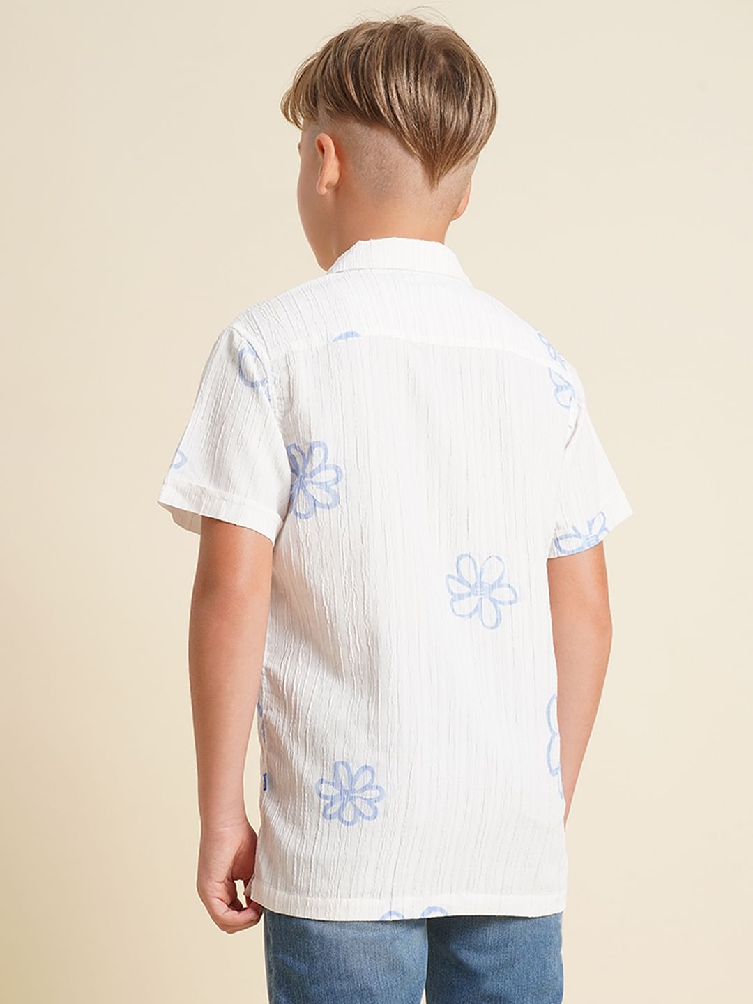 Boys White Printed Cotton Shirt