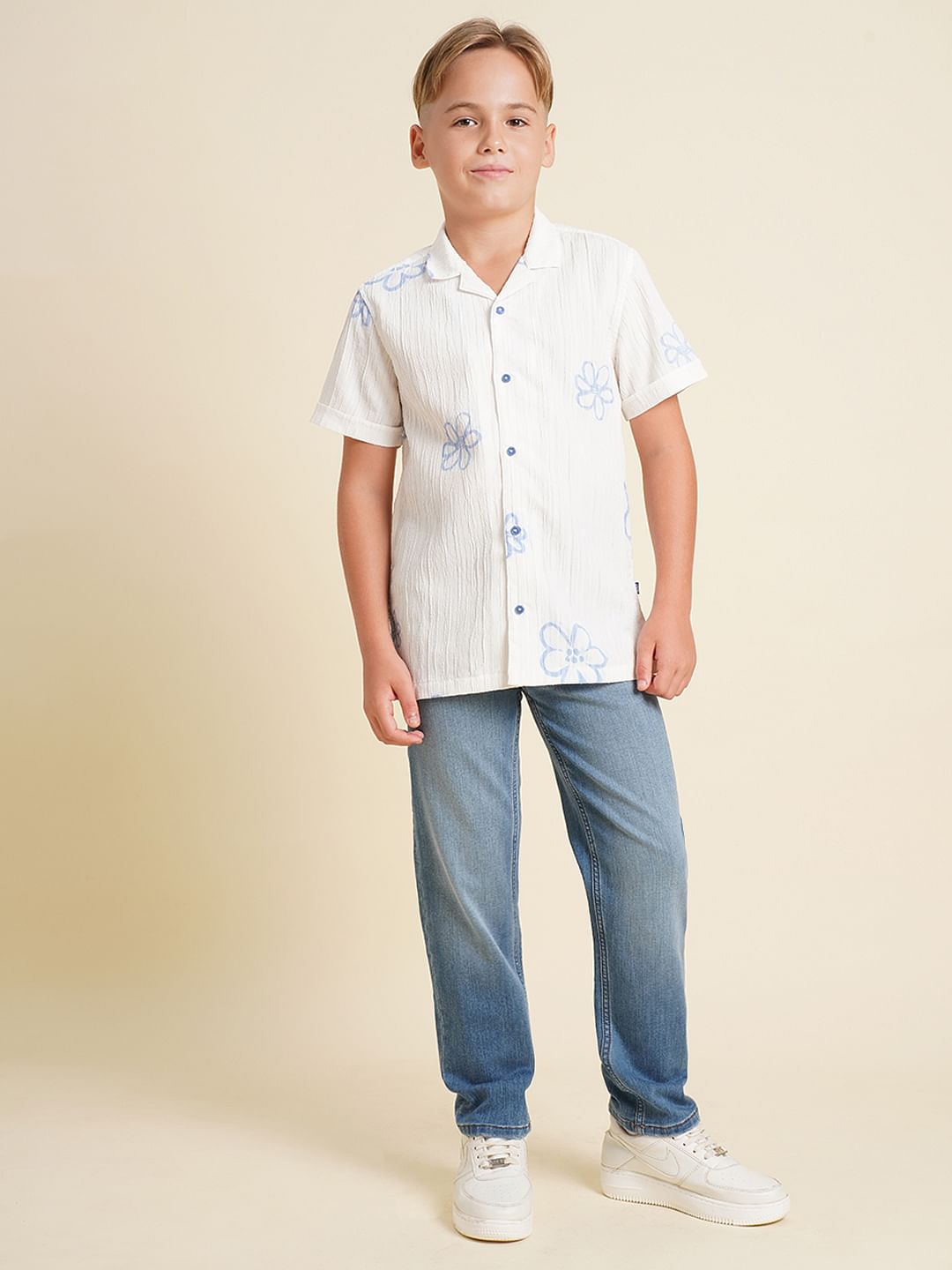 Boys White Printed Cotton Shirt