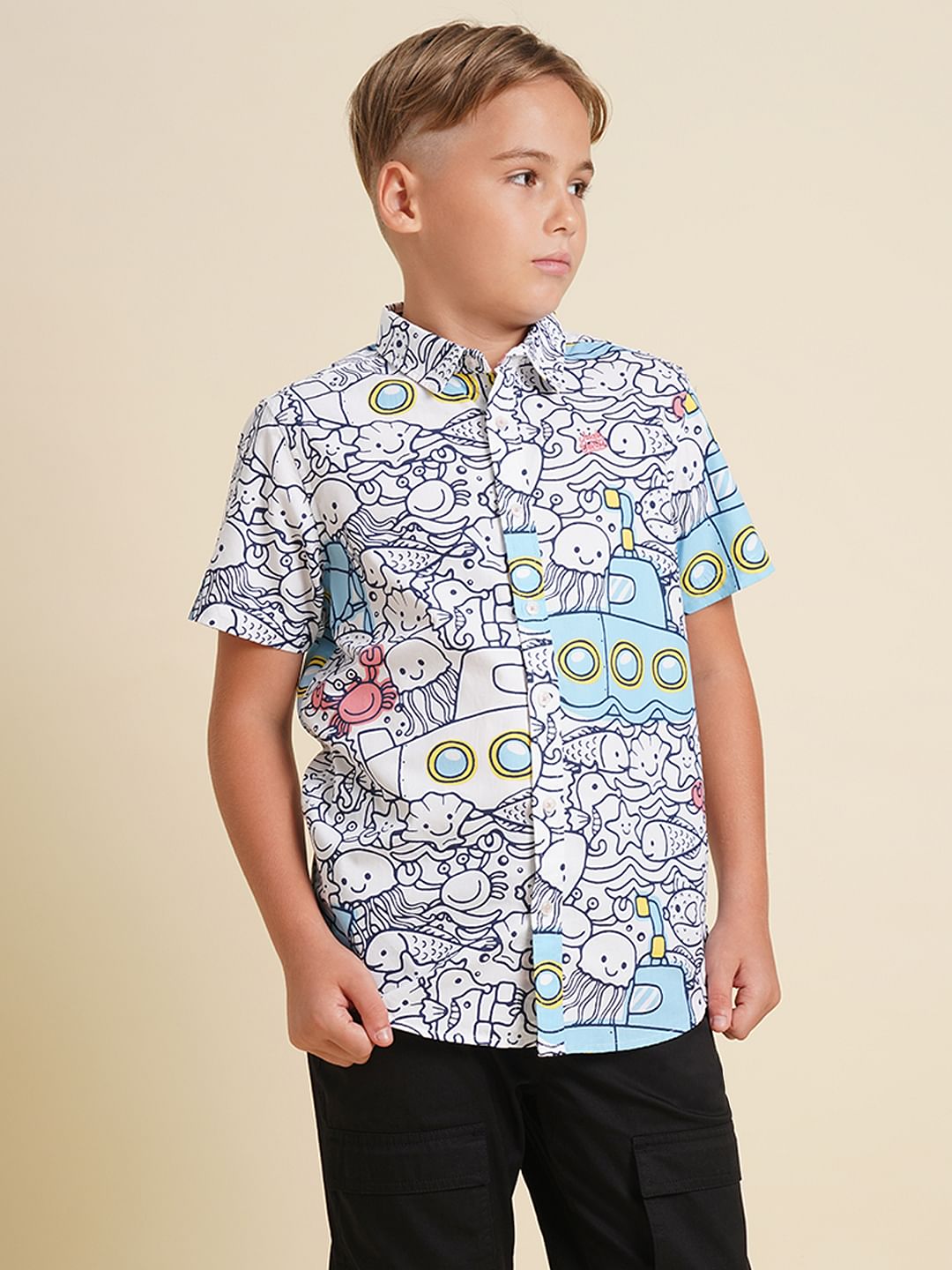 Boys White Submarine Print Shirt