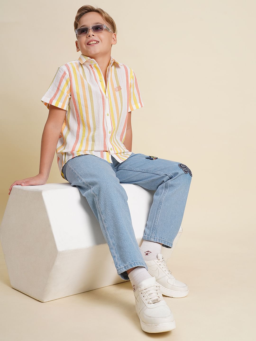 Boys White Striped Cotton Shirt